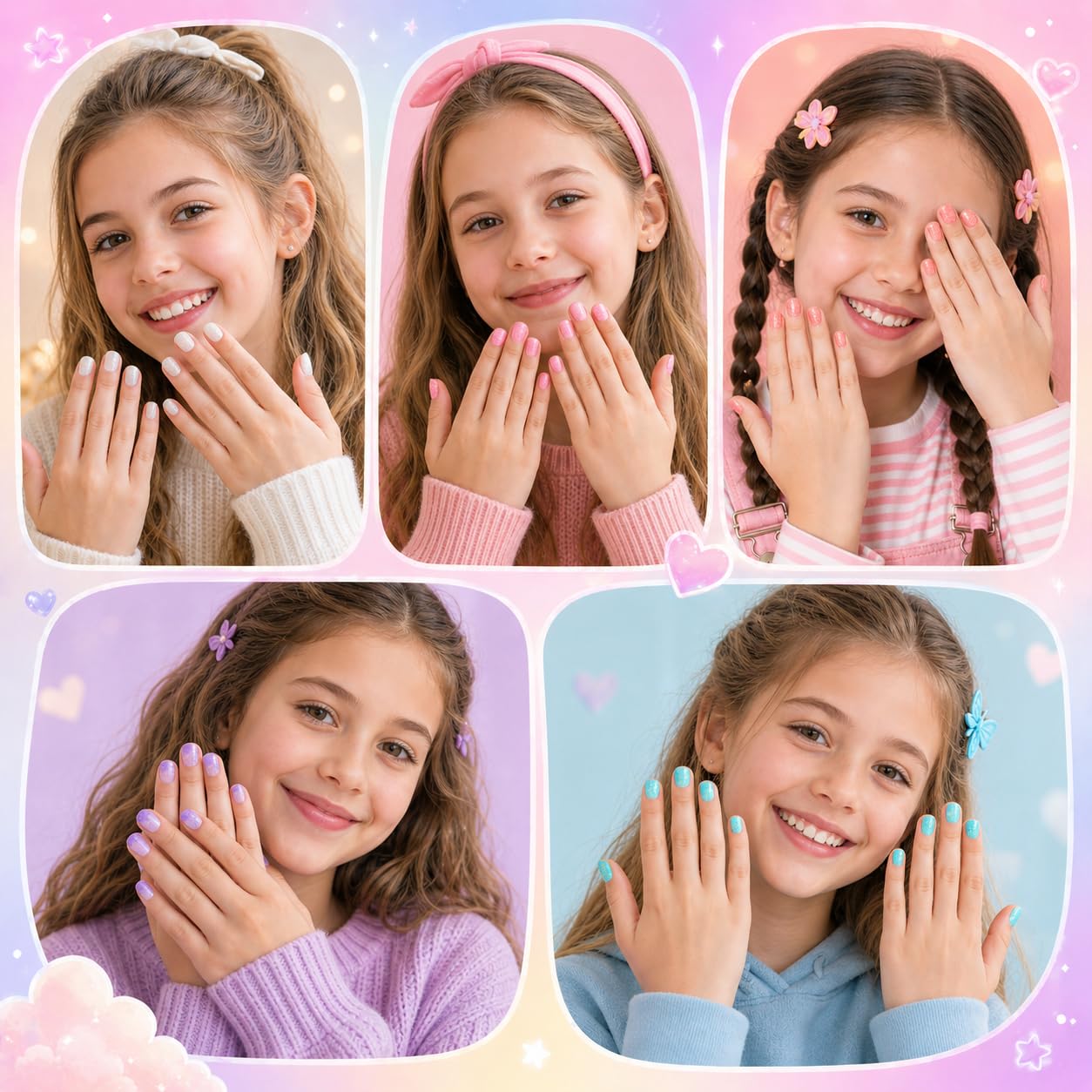 Kids press on nail art kit with adhesive tabs