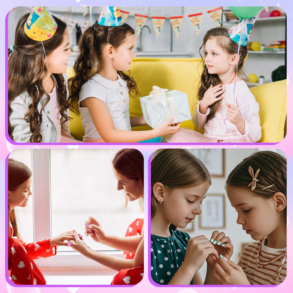 Kids wearing colorful short artificial fake nails during dress up