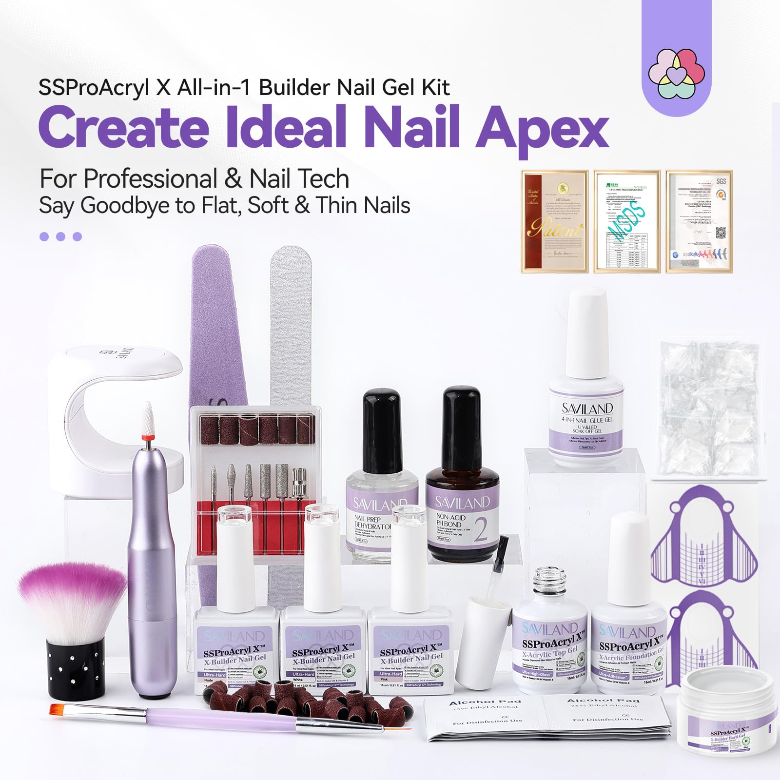 Saviland nail kit with clear pink nude and white builder gels