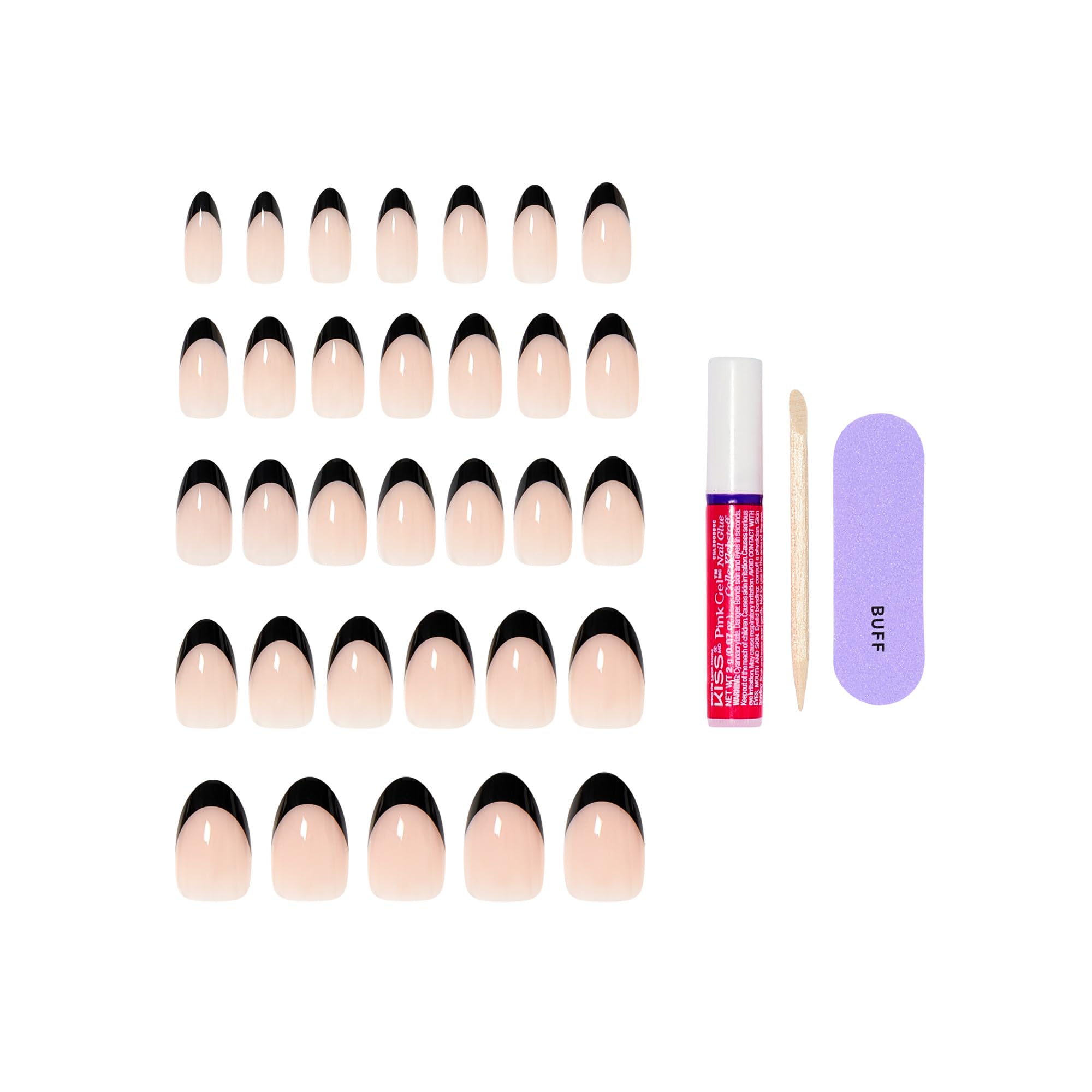 Full kit contents including nail glue and manicure stick