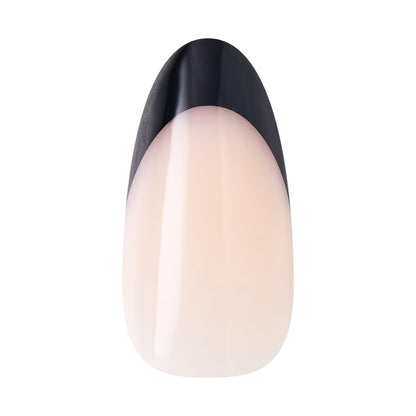 Close up of black French tip design on coffin nails
