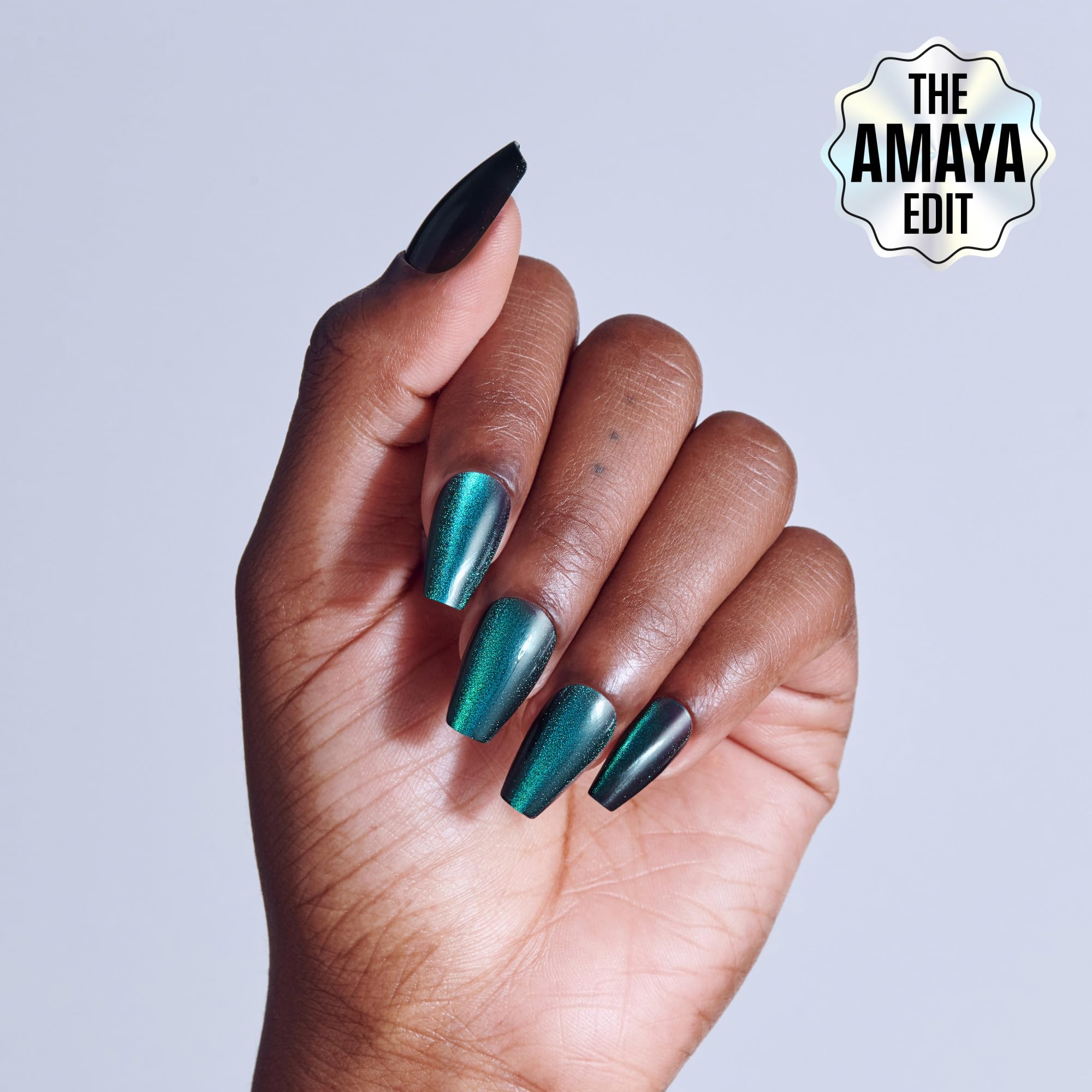 Detailed view of green shimmering press on nails