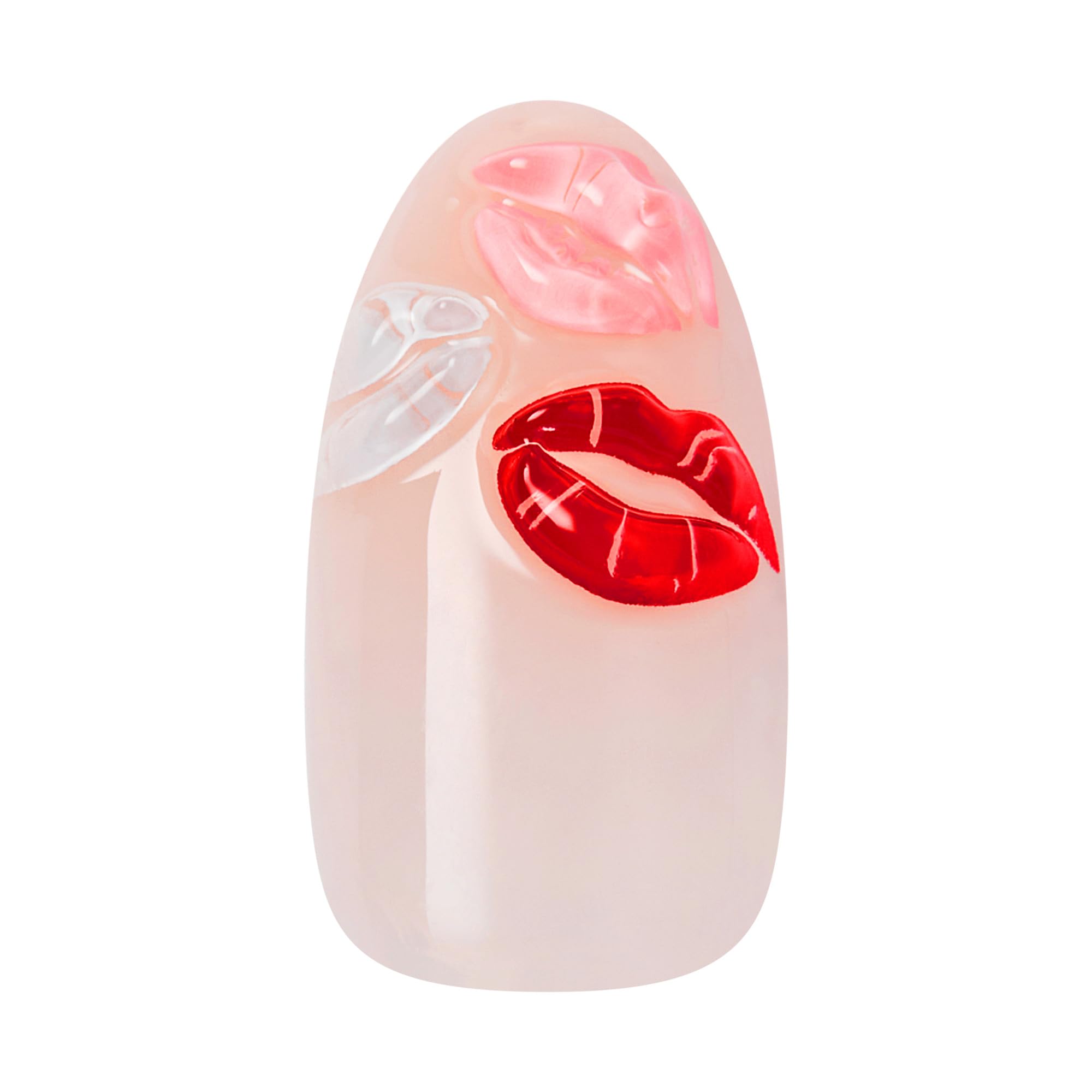 Close up of red almond shaped press on nails