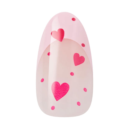 Top view of medium length almond press on nails on model hands