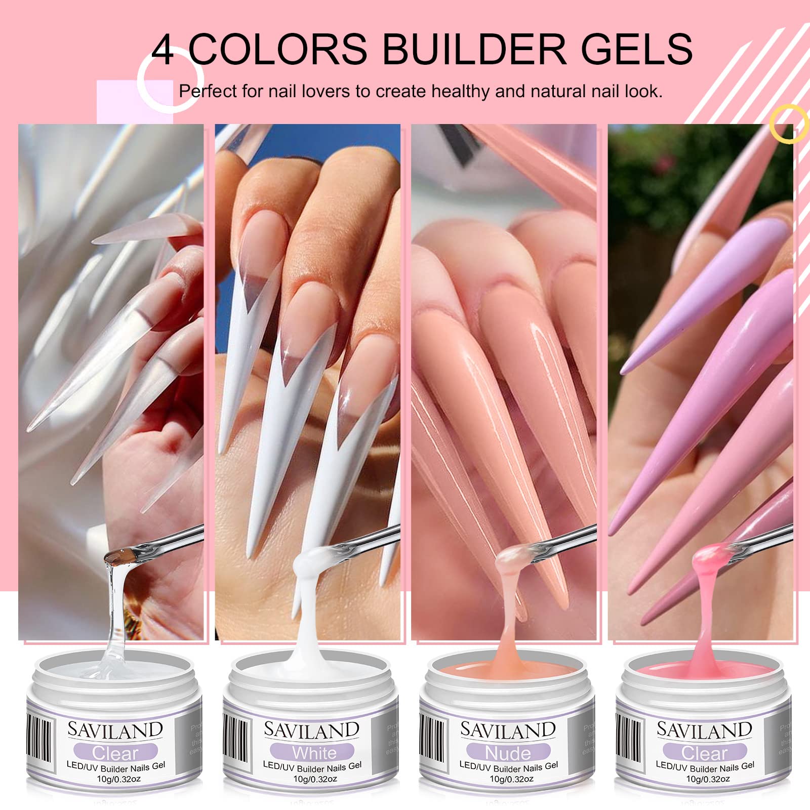 Saviland clear white and pink builder gel bottles for nail extension