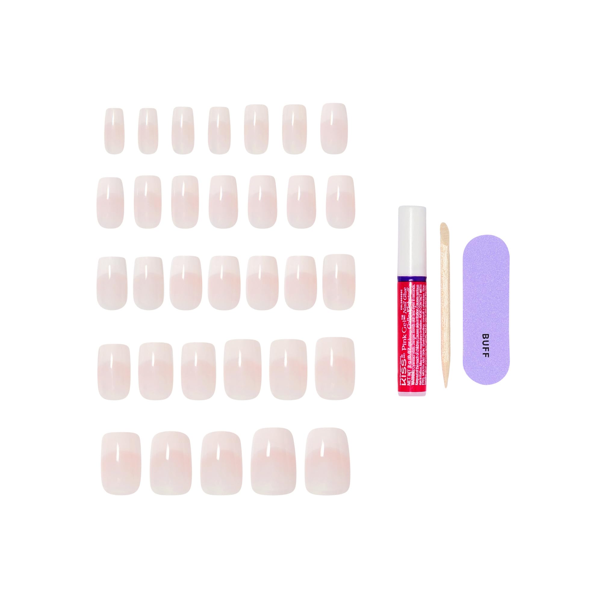 Contents of Kiss Core medium squoval nail kit with glue