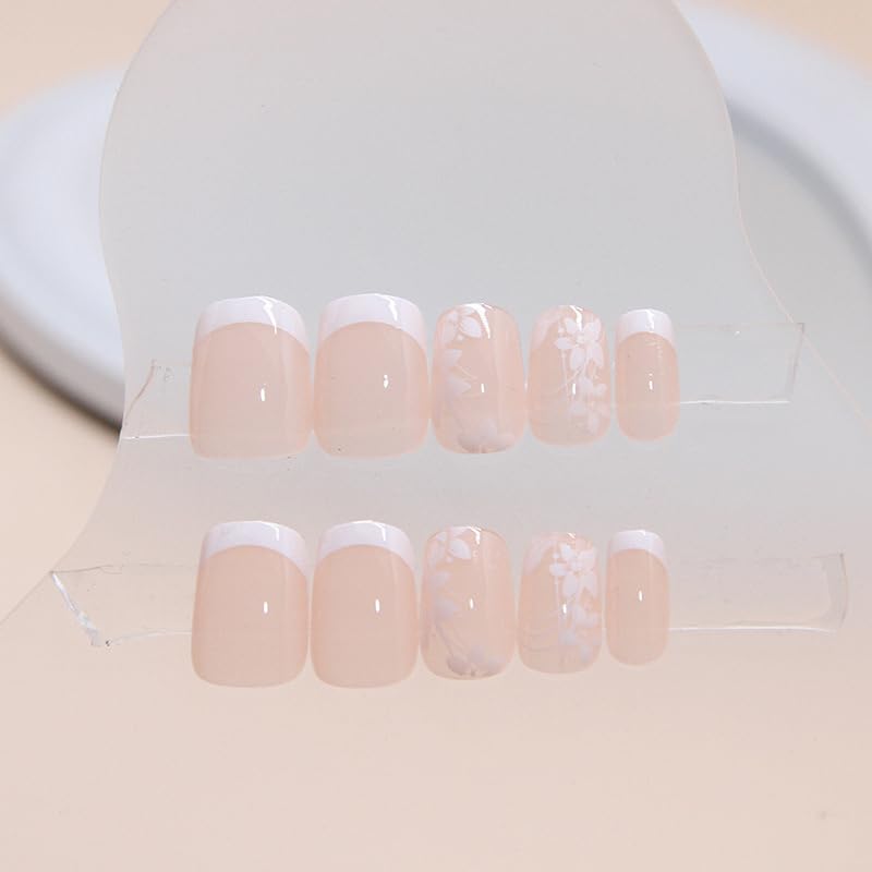 Elegant white flower print press on nails for women