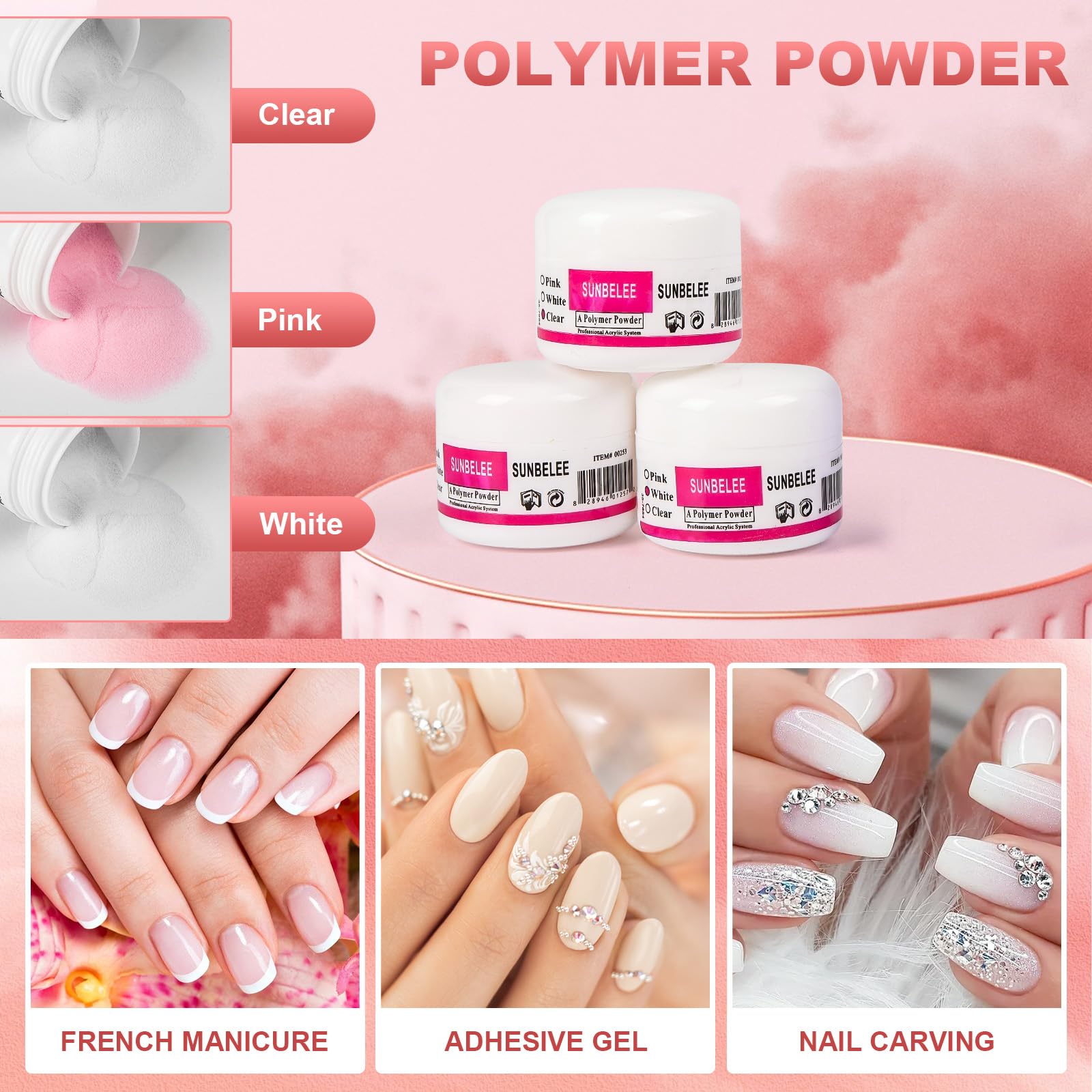 Detailed view of the 12 glitter acrylic powders included in the Bliff kit