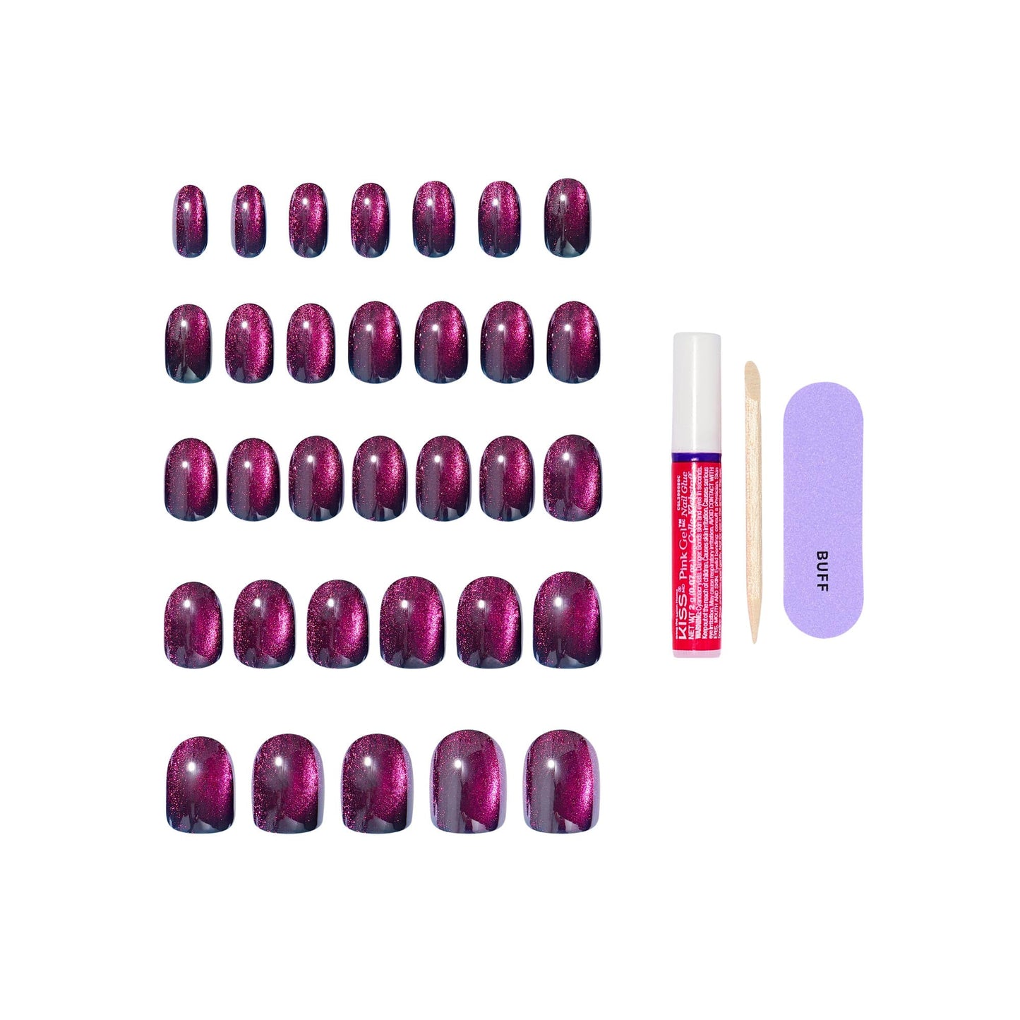 Contents of Kiss Glam nail kit including glue and manicure file