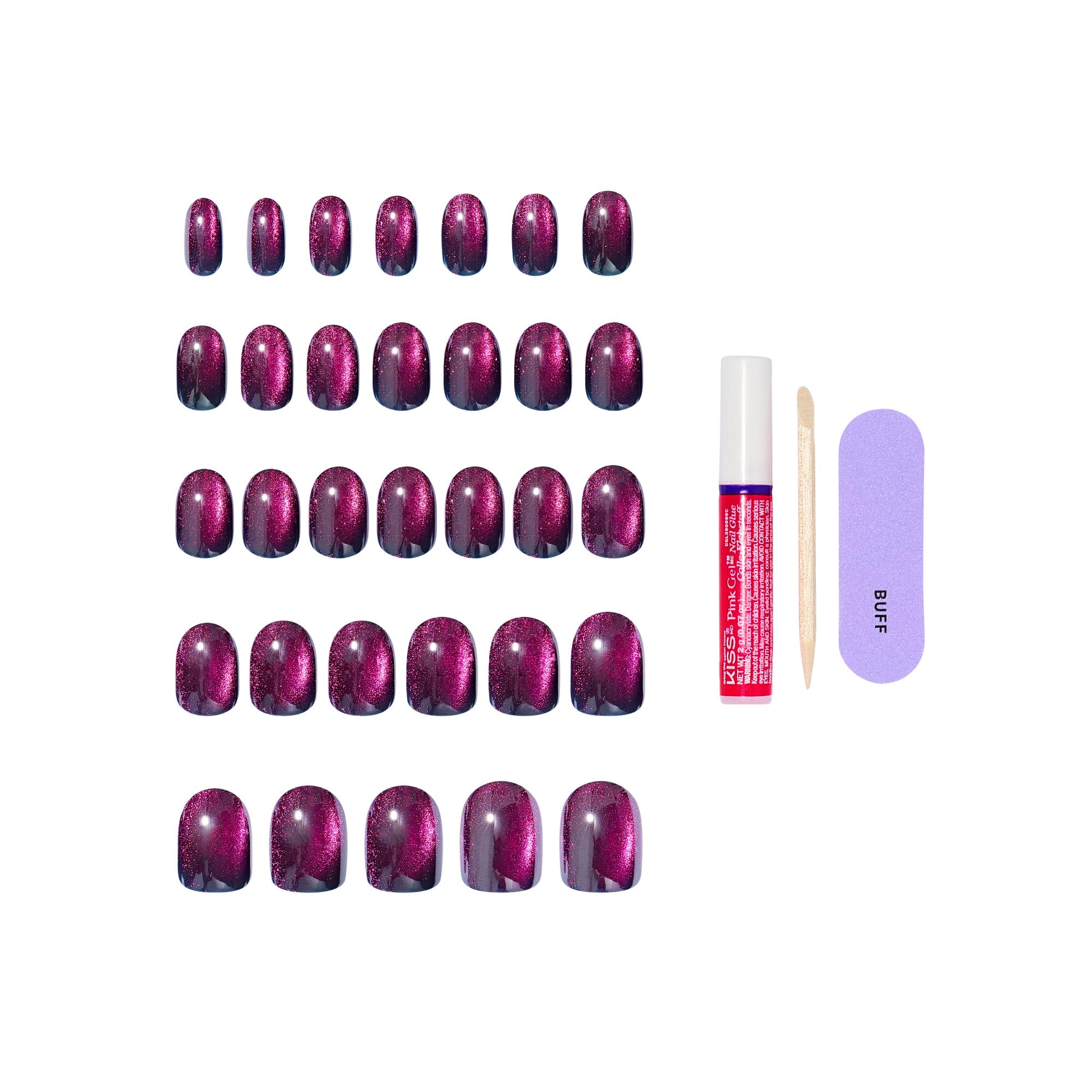 Contents of Kiss Glam nail kit including glue and manicure file