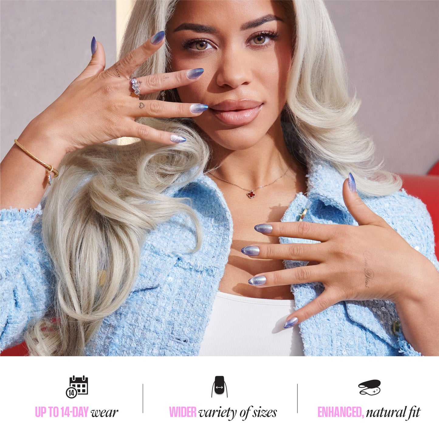 Packaging of Kiss Glam press on nails Glow Forever blue