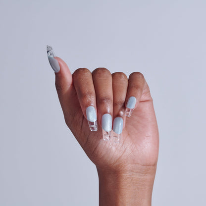 Blue glossy coffin nails with jeweled 3D accents