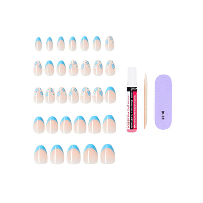 Hand wearing Kiss Core blue almond press on nails