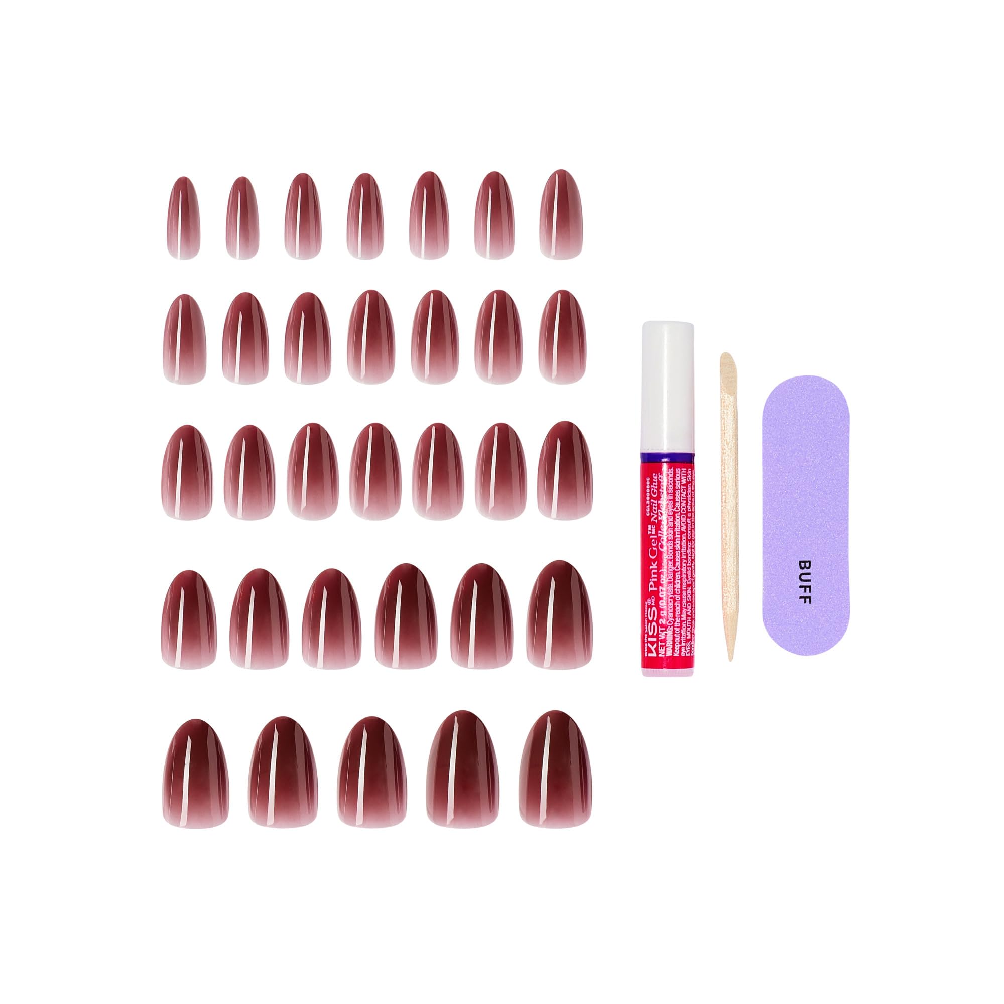 Side view of Kiss Core Pinot Noir almond press-on nails