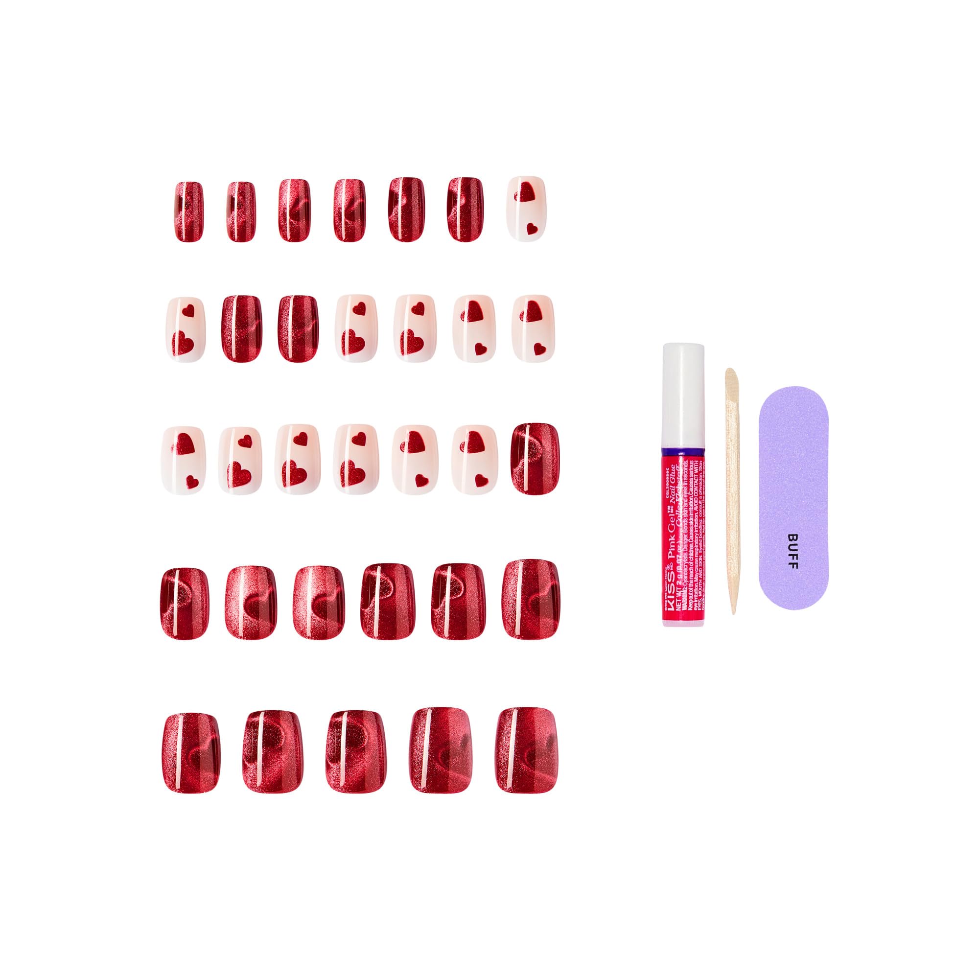 Close up of red short squoval press on nails