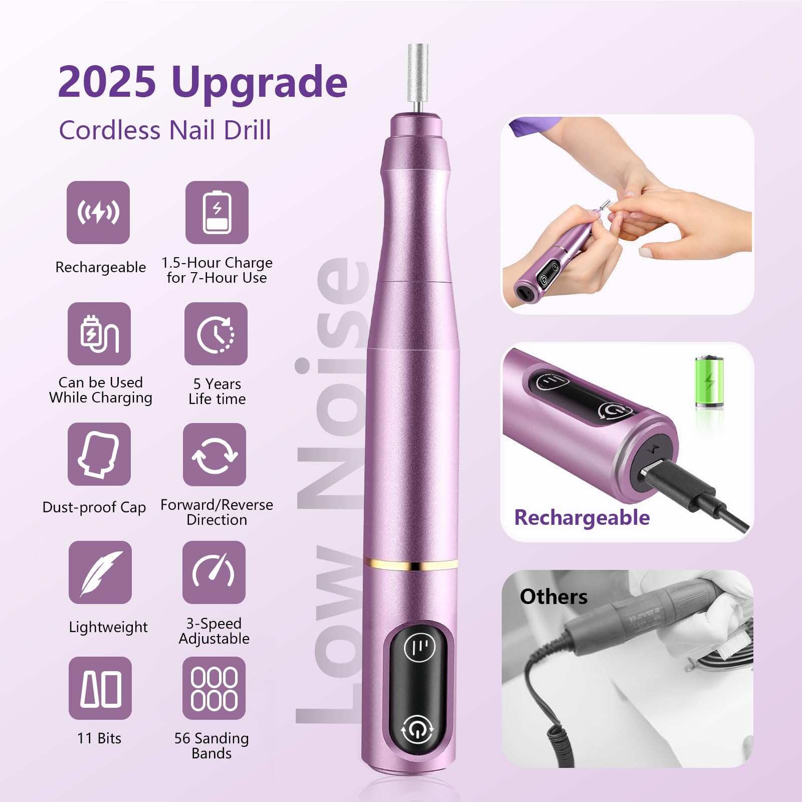 Portable purple electric nail file for salon and home use