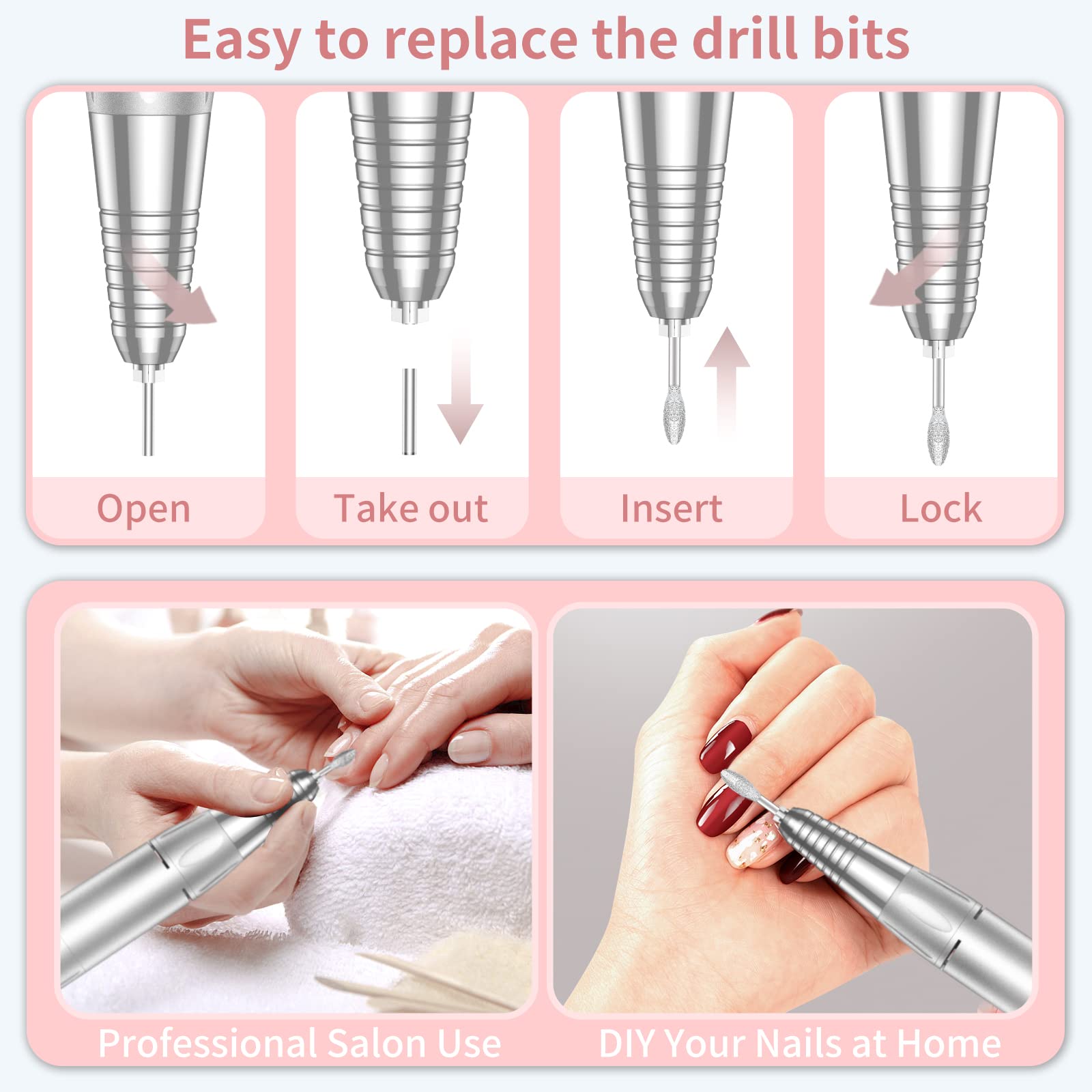 Pink portable electric nail file for manicure and pedicure