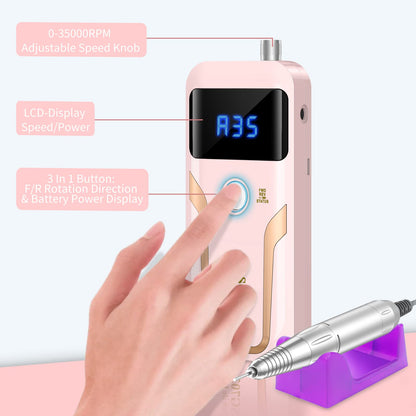 Professional nail drill machine showing forward and reverse rotation buttons