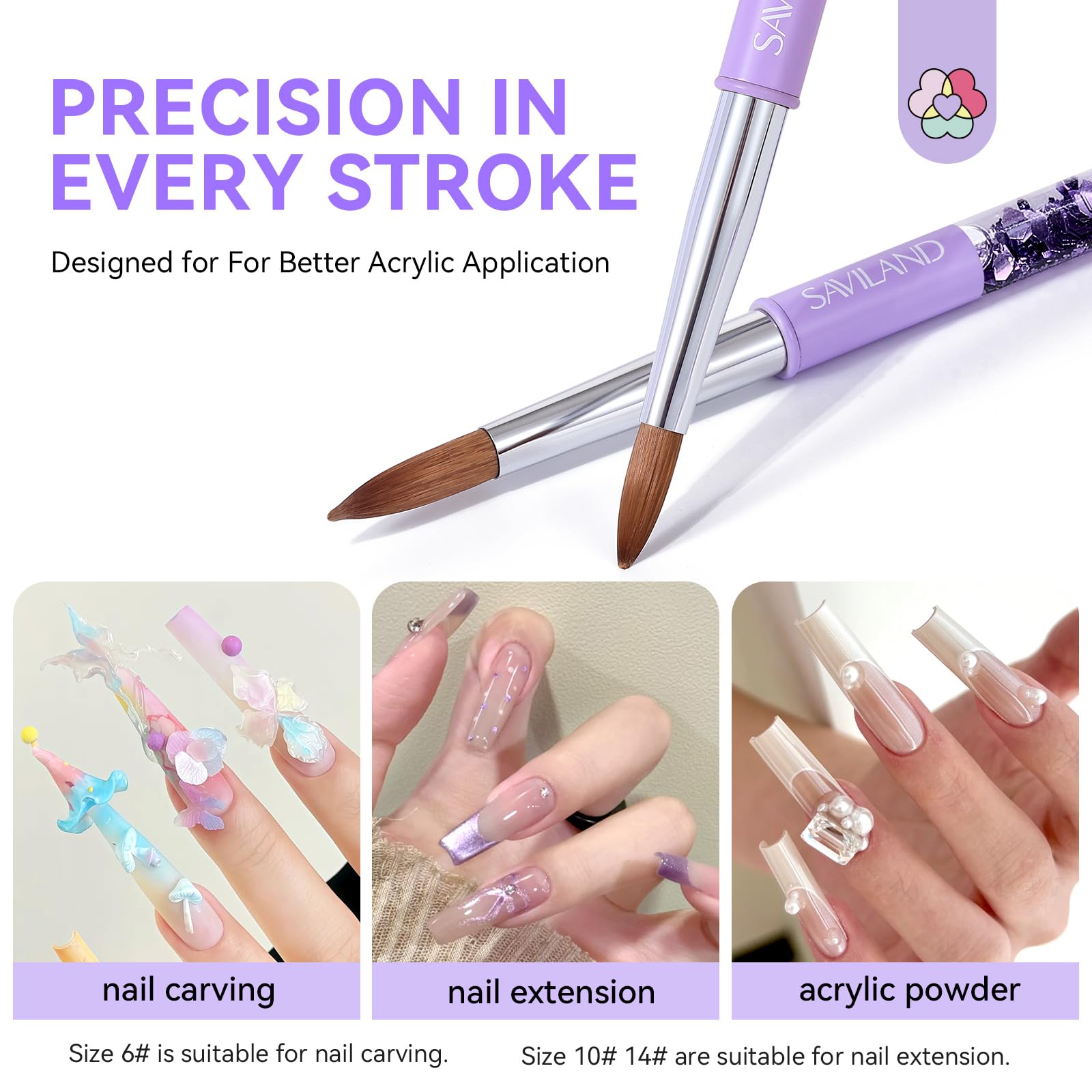 Three professional Saviland acrylic brushes sizes 6 10 14