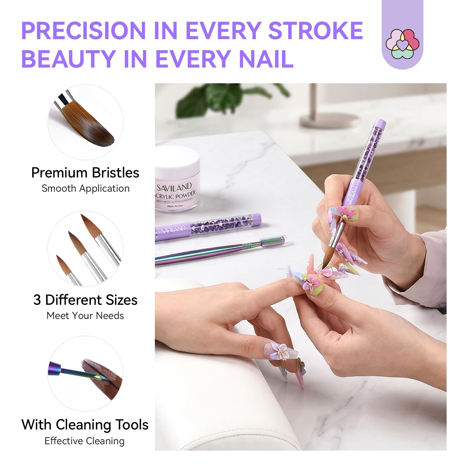 Purple ergonomic handle detail of Saviland nail brush