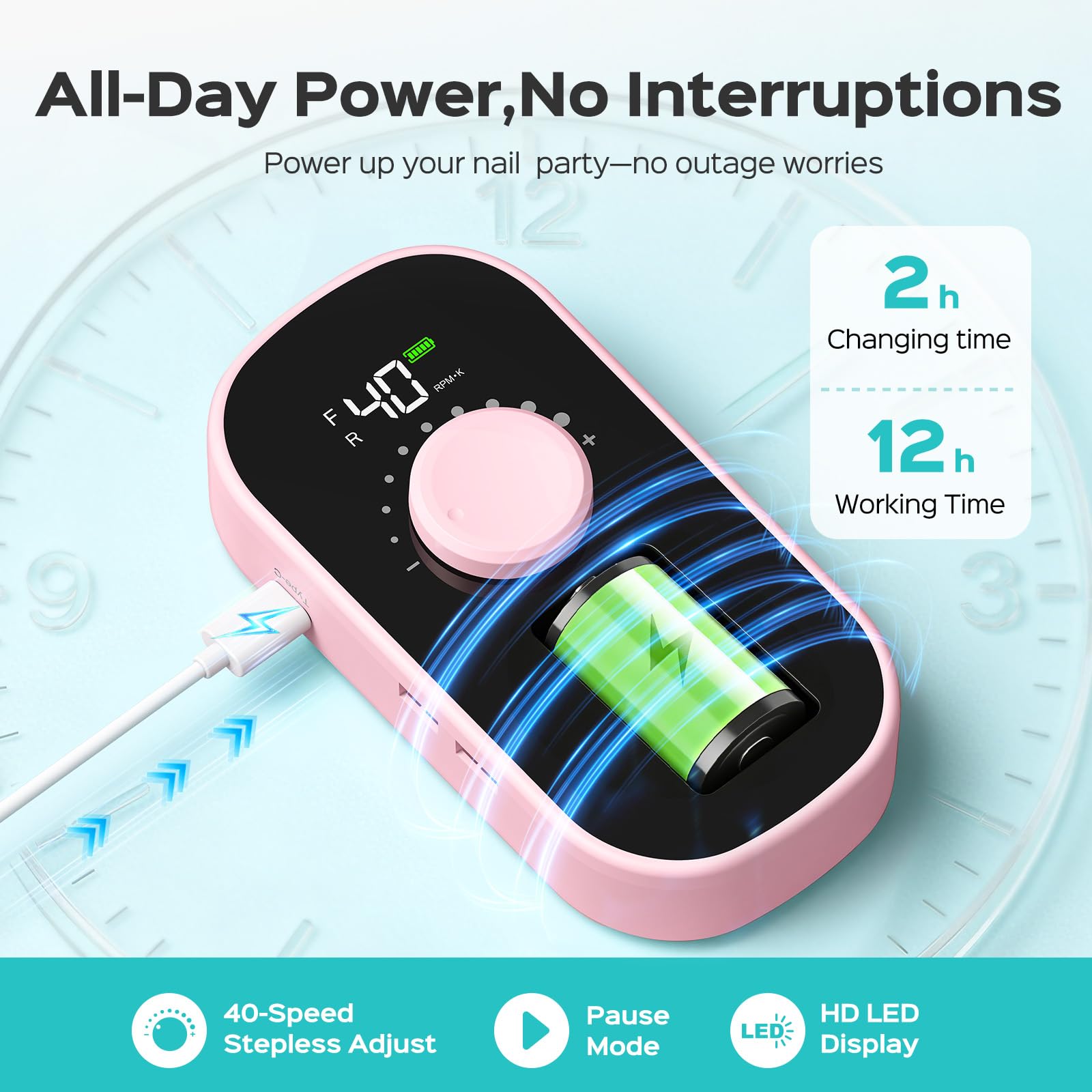 Close up of Coslus electric nail drill handpiece and speed control