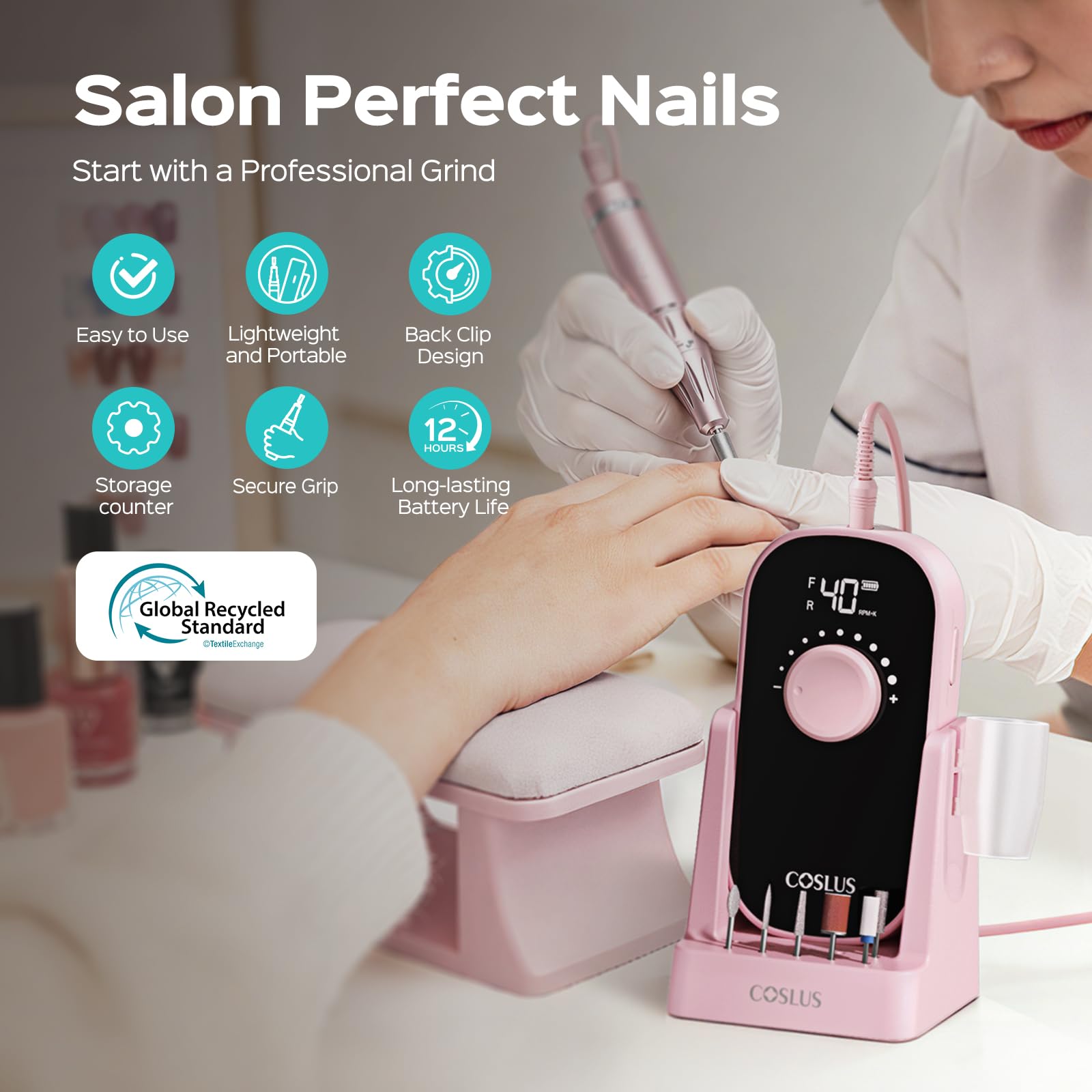 Coslus nail drill being used for acrylic gel nail filing