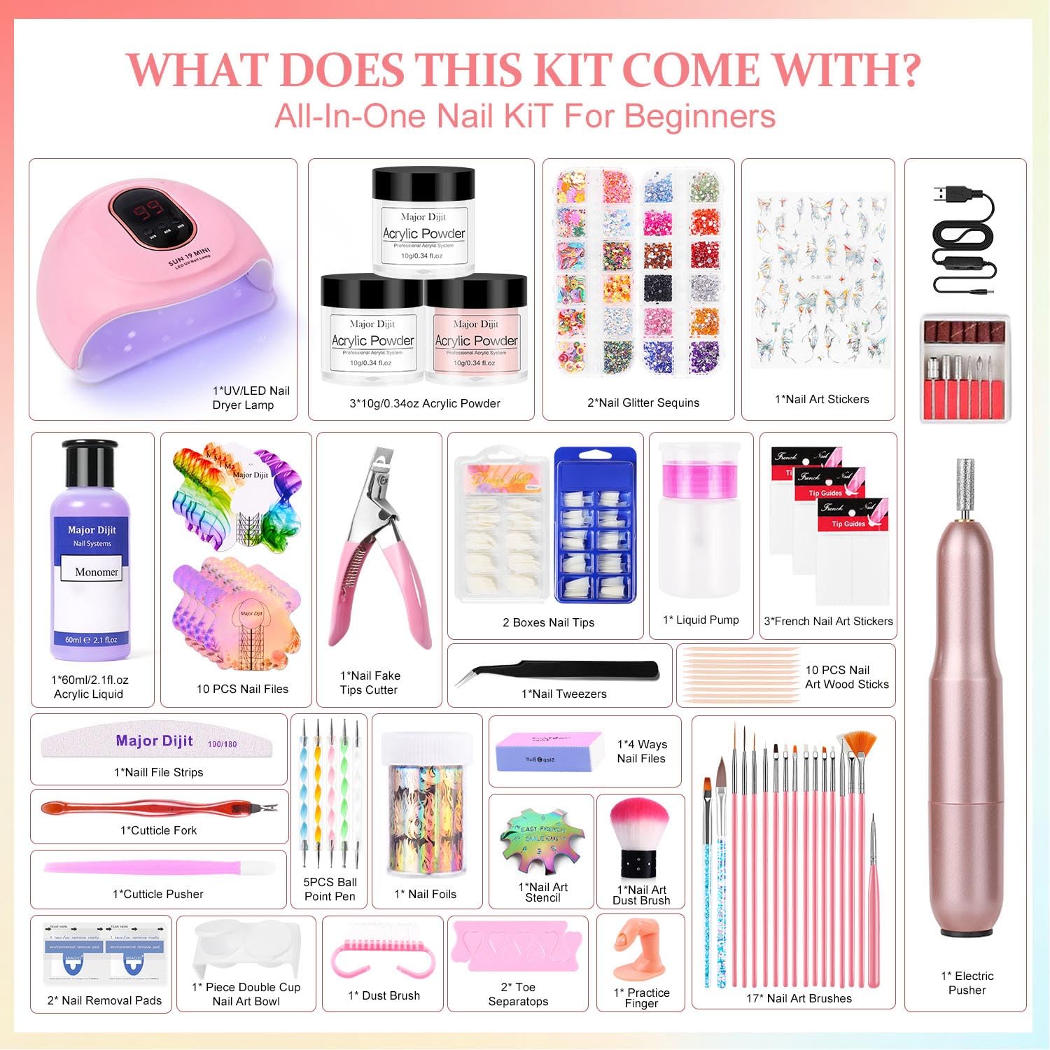 Major Dijit acrylic nail kit including UV lamp and drill