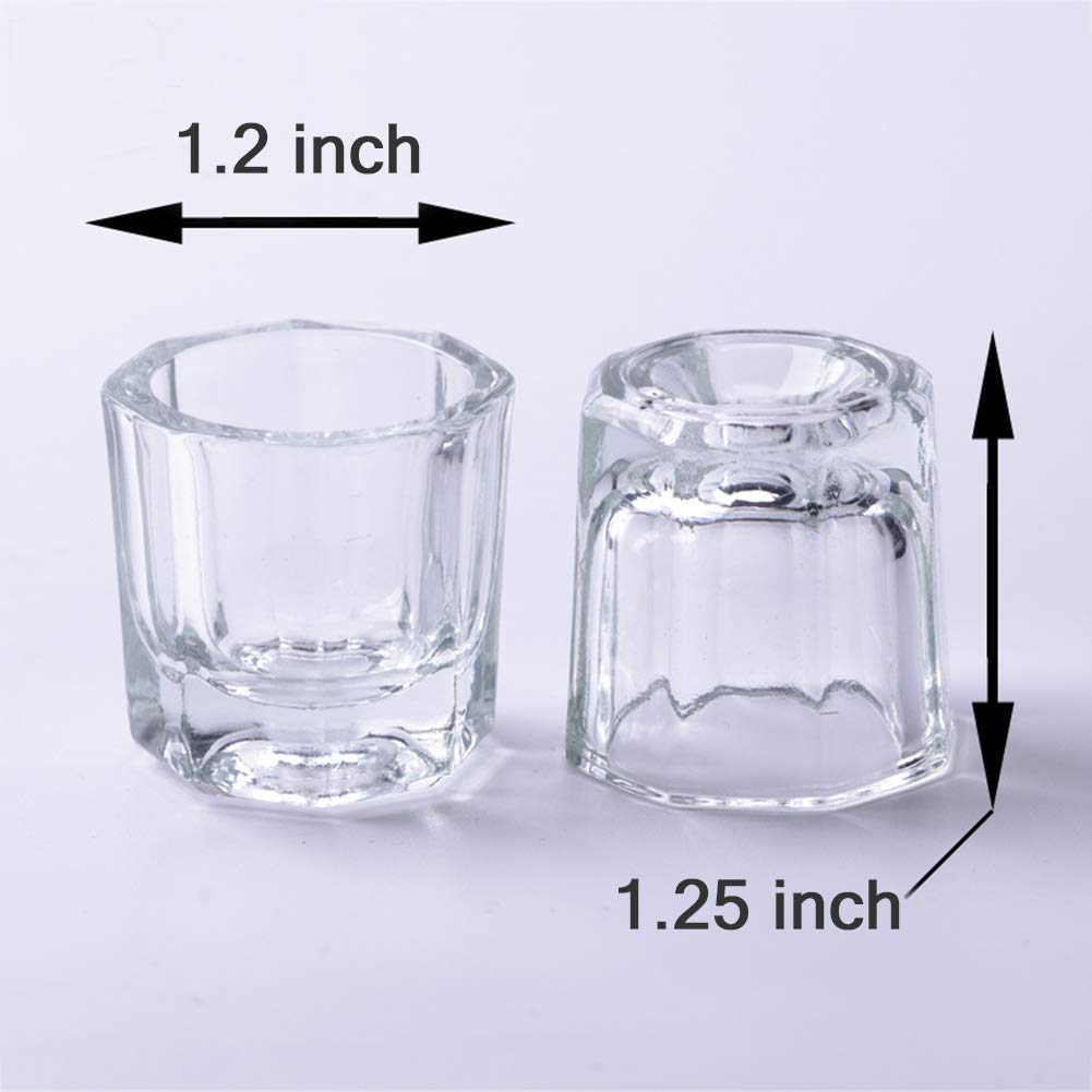 Close up of clear glass nail monomer mixing cup