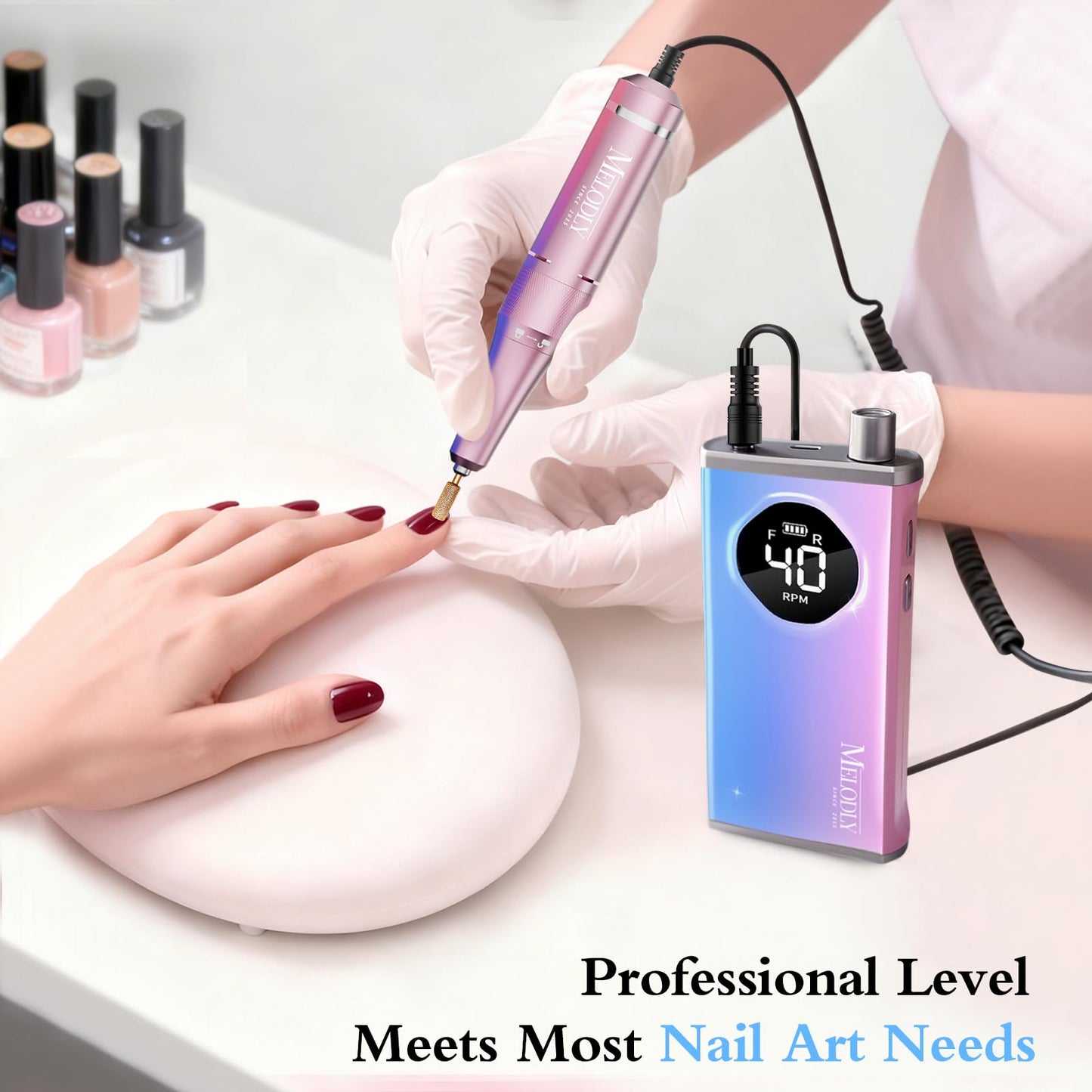 Melodly electric nail file in use for gel removal