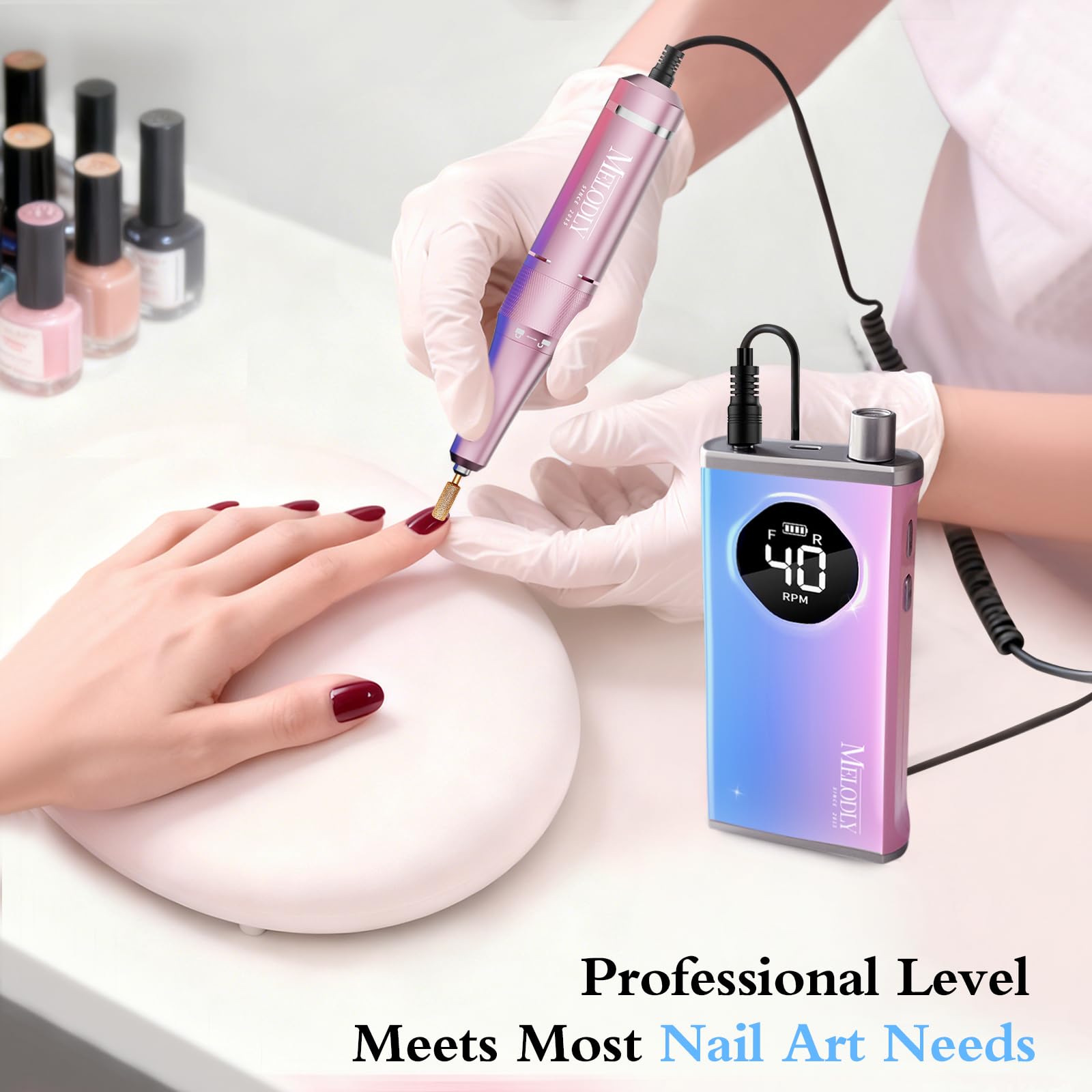 Melodly electric nail file in use for gel removal
