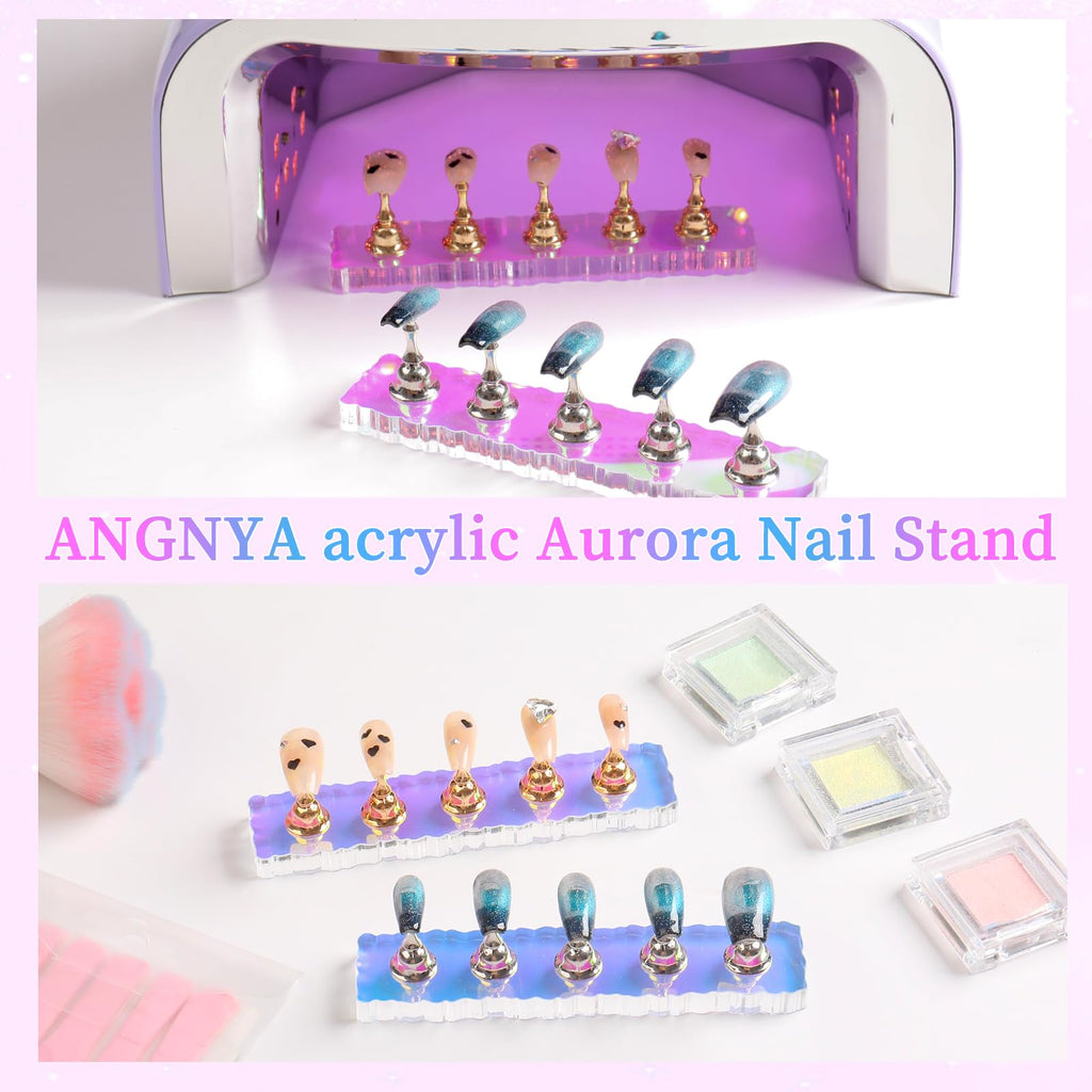 Close up of iridescent acrylic aurora nail display base with magnetic slots