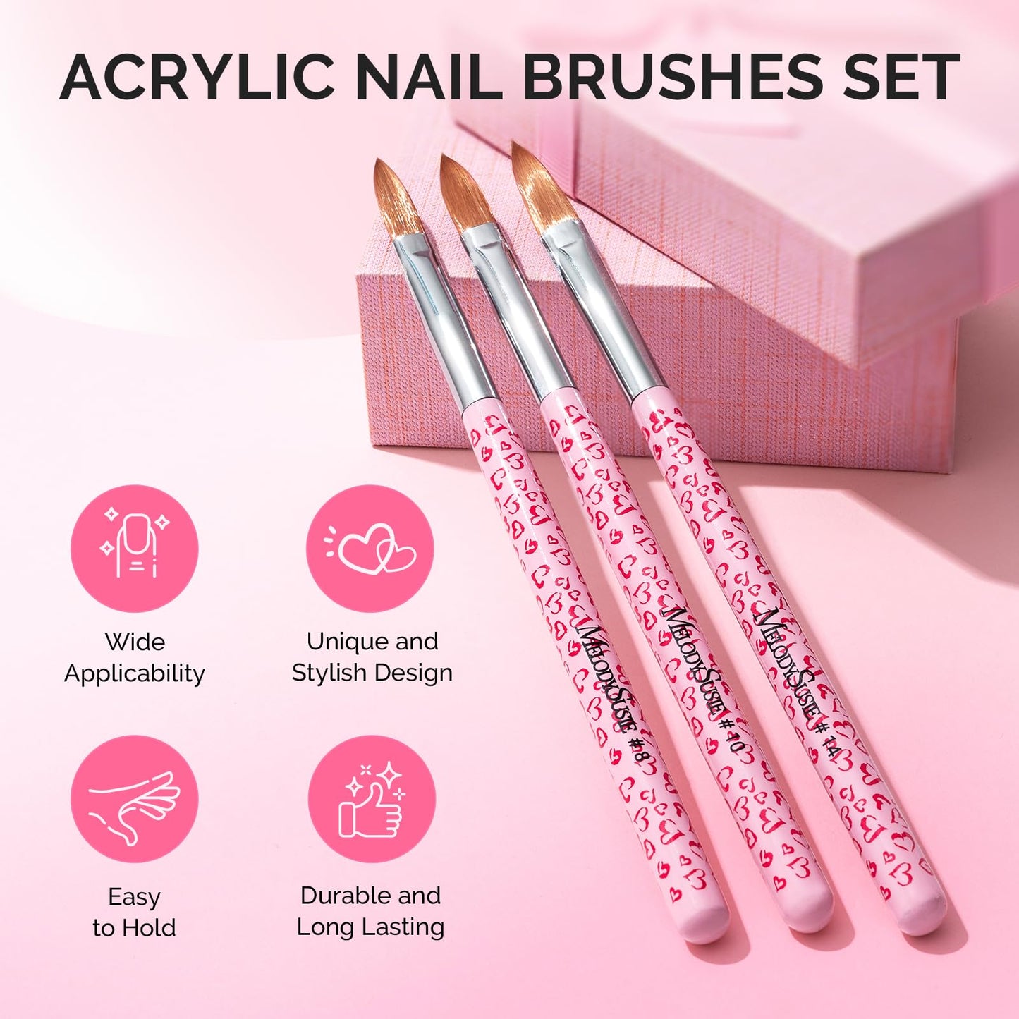Three different sizes of pink professional nail art brushes