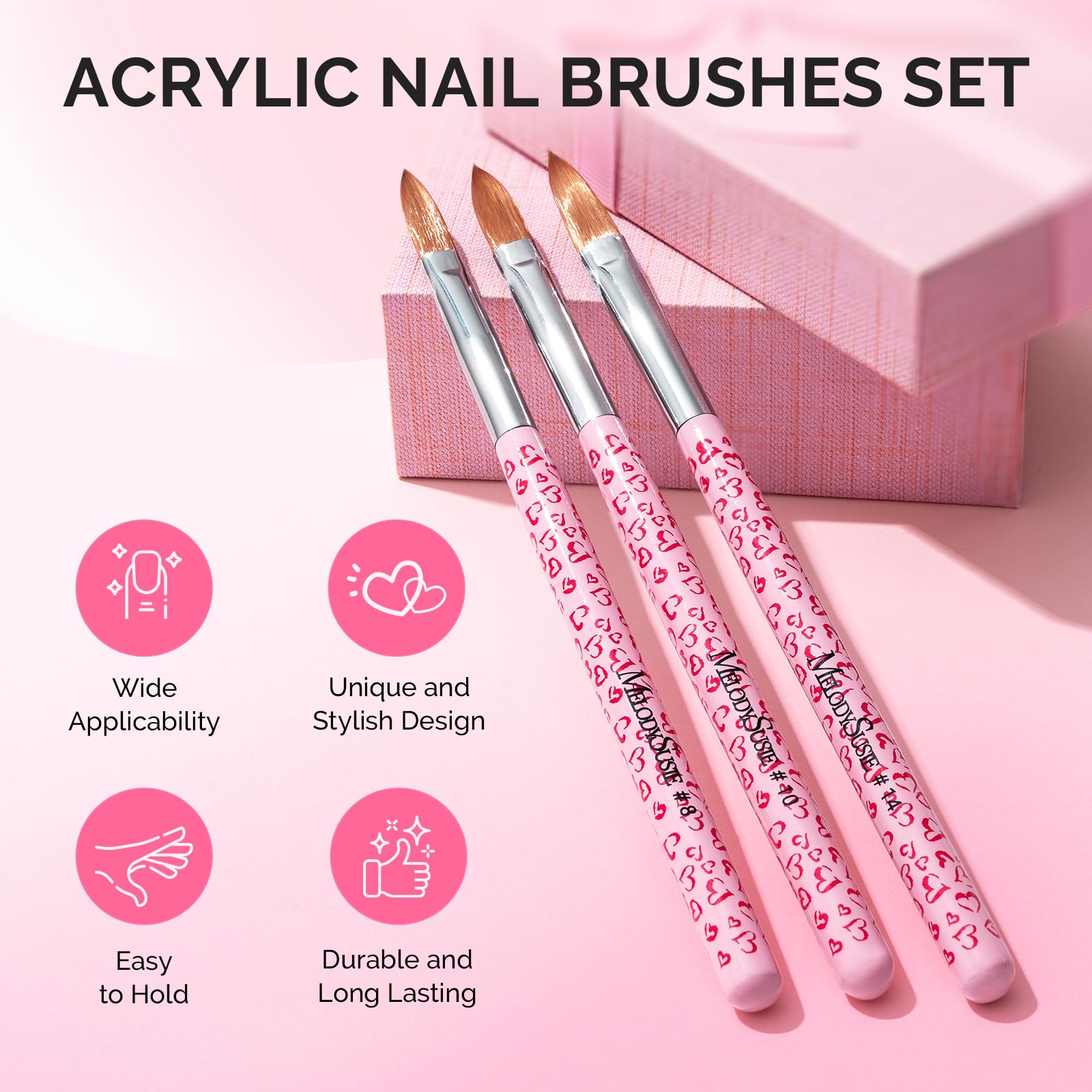 Three different sizes of pink professional nail art brushes
