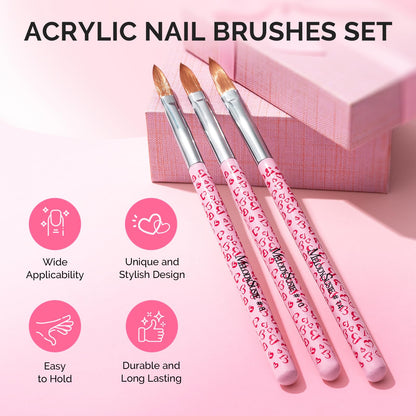 Three different sizes of pink professional nail art brushes