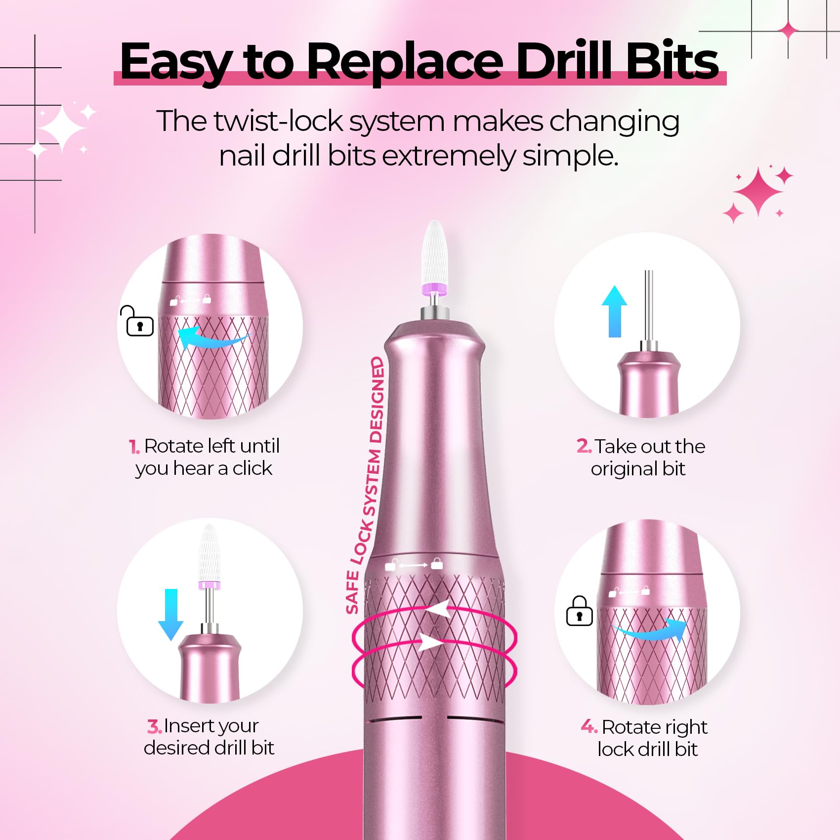 Handheld pink electric nail file pen with drill bit