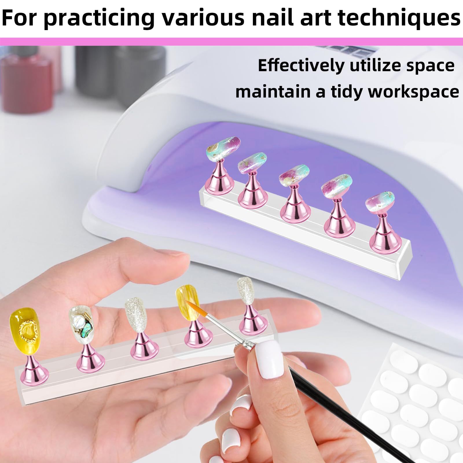 Close up view of magnetic nail tips on pink practice holders