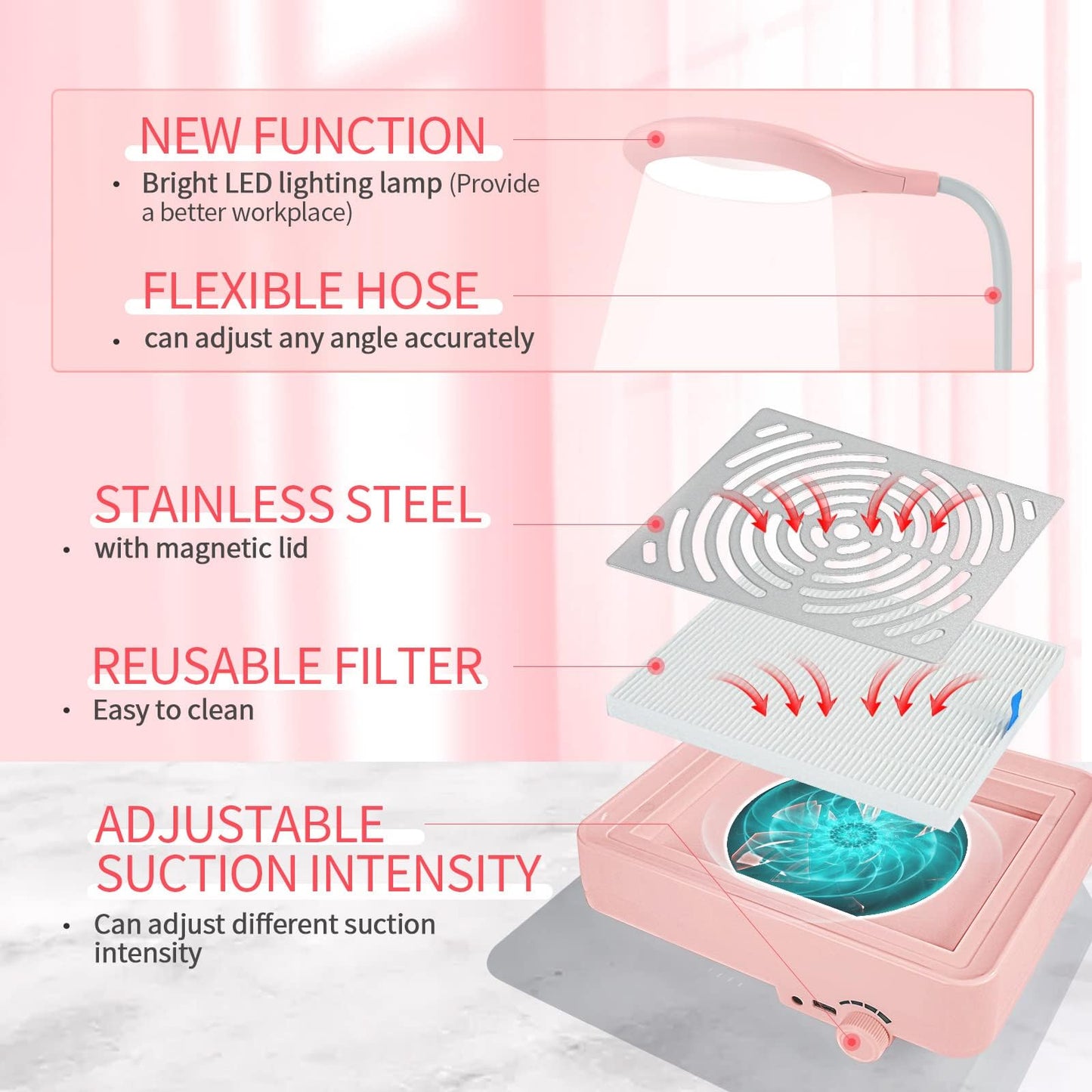 Saviland pink nail dust collector in home salon setting
