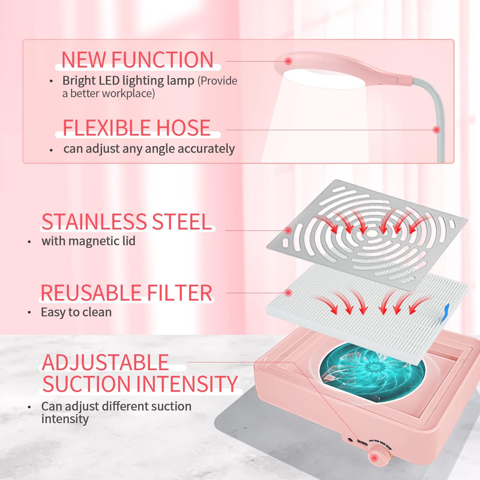 Saviland pink nail dust collector in home salon setting