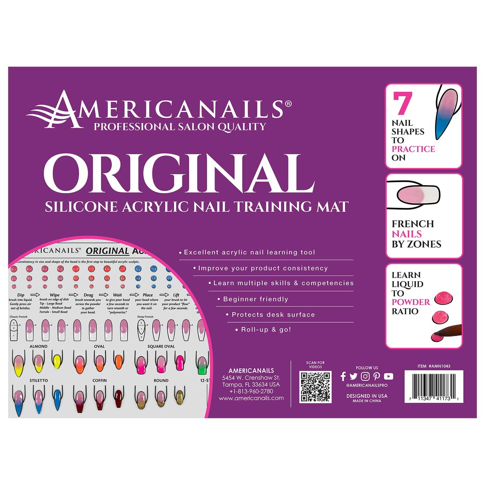 Close up of Americanails silicone practice sheet showing nail shapes