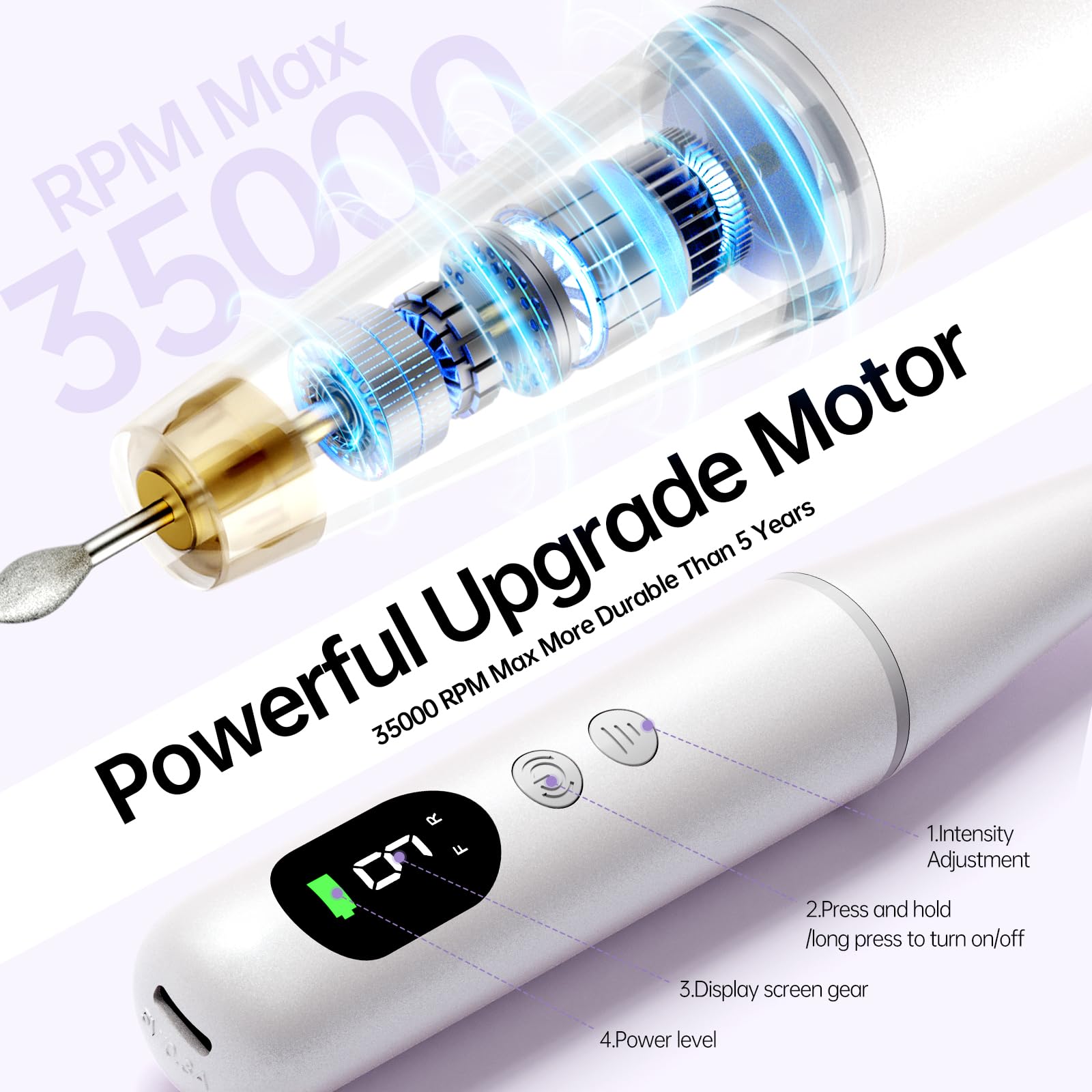 Close up of Ccigedy nail drill handpiece and settings