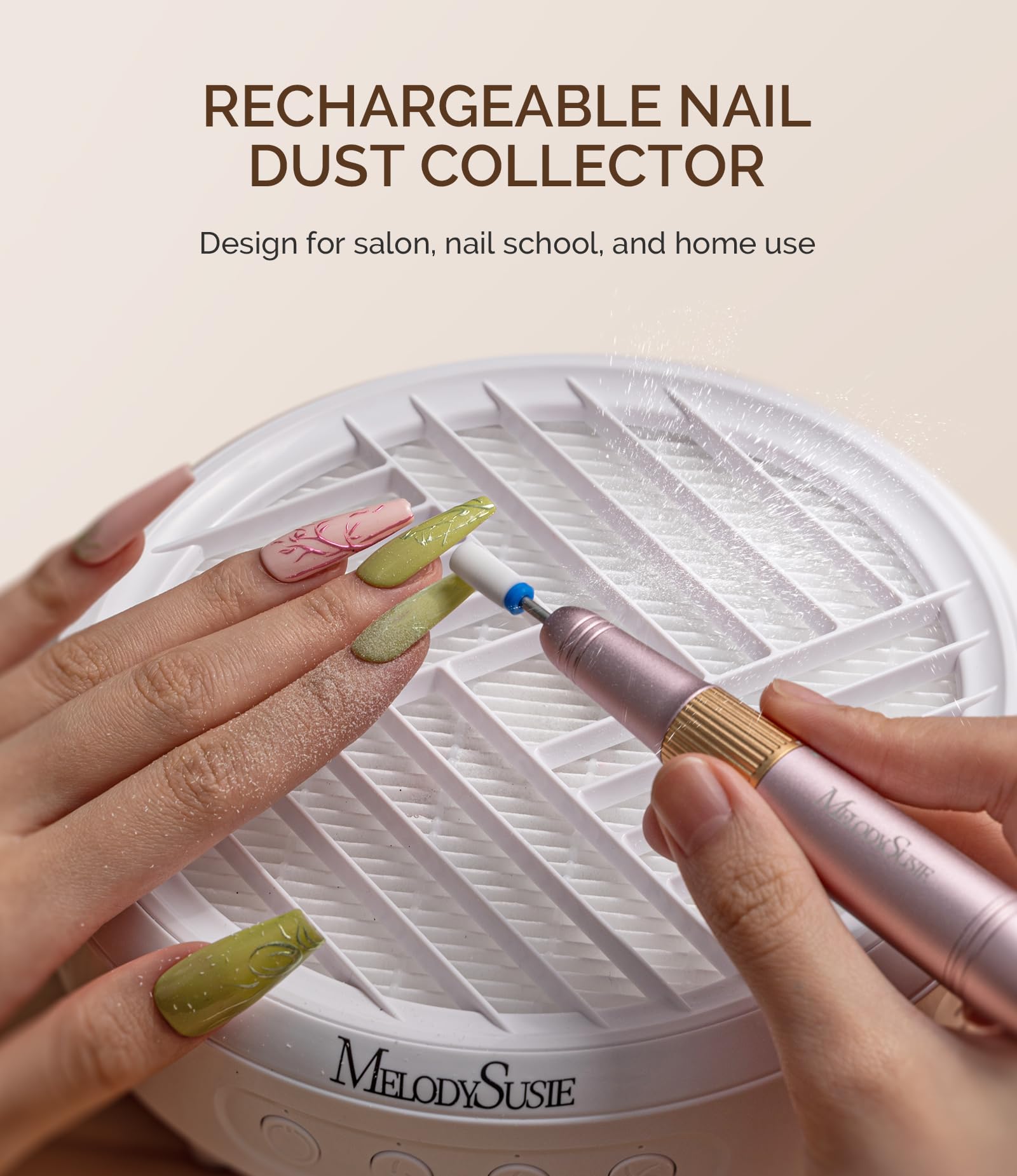 MelodySusie portable nail vacuum fan showing control buttons