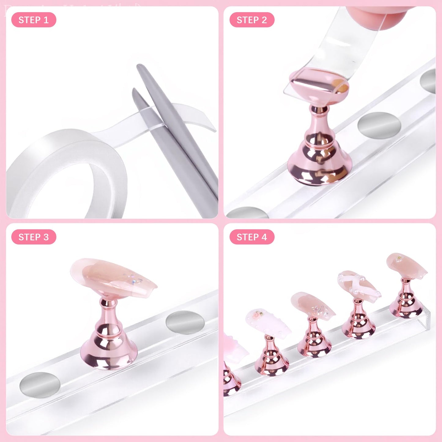Two sets of pink nail practice holders arranged on a table