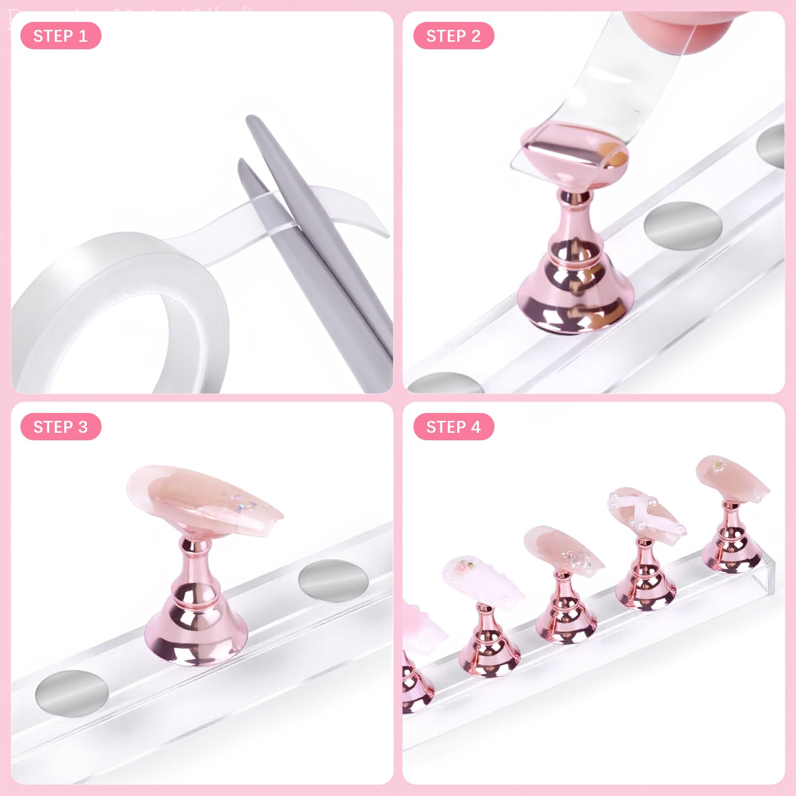 Two sets of pink nail practice holders arranged on a table