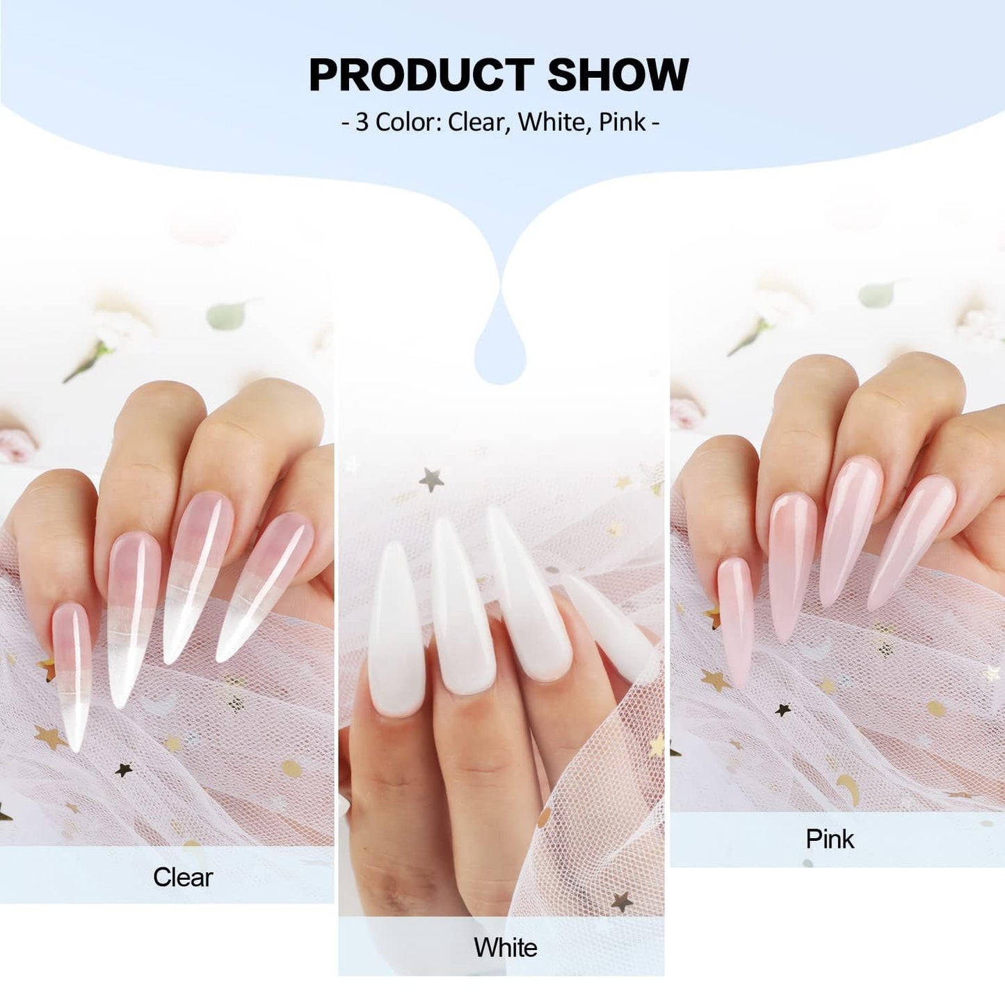 Close up of Morovan clear pink and white acrylic powders