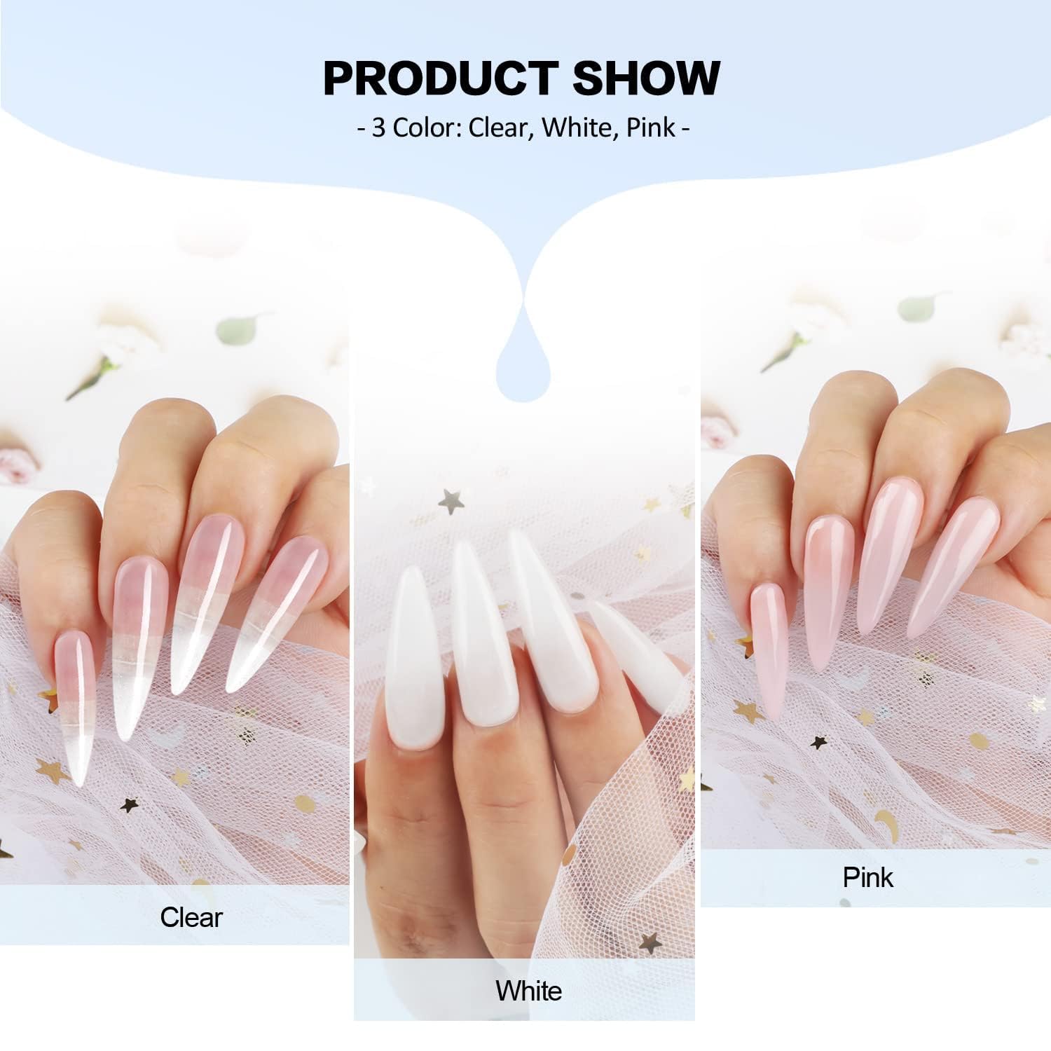 Close up of Morovan clear pink and white acrylic powders