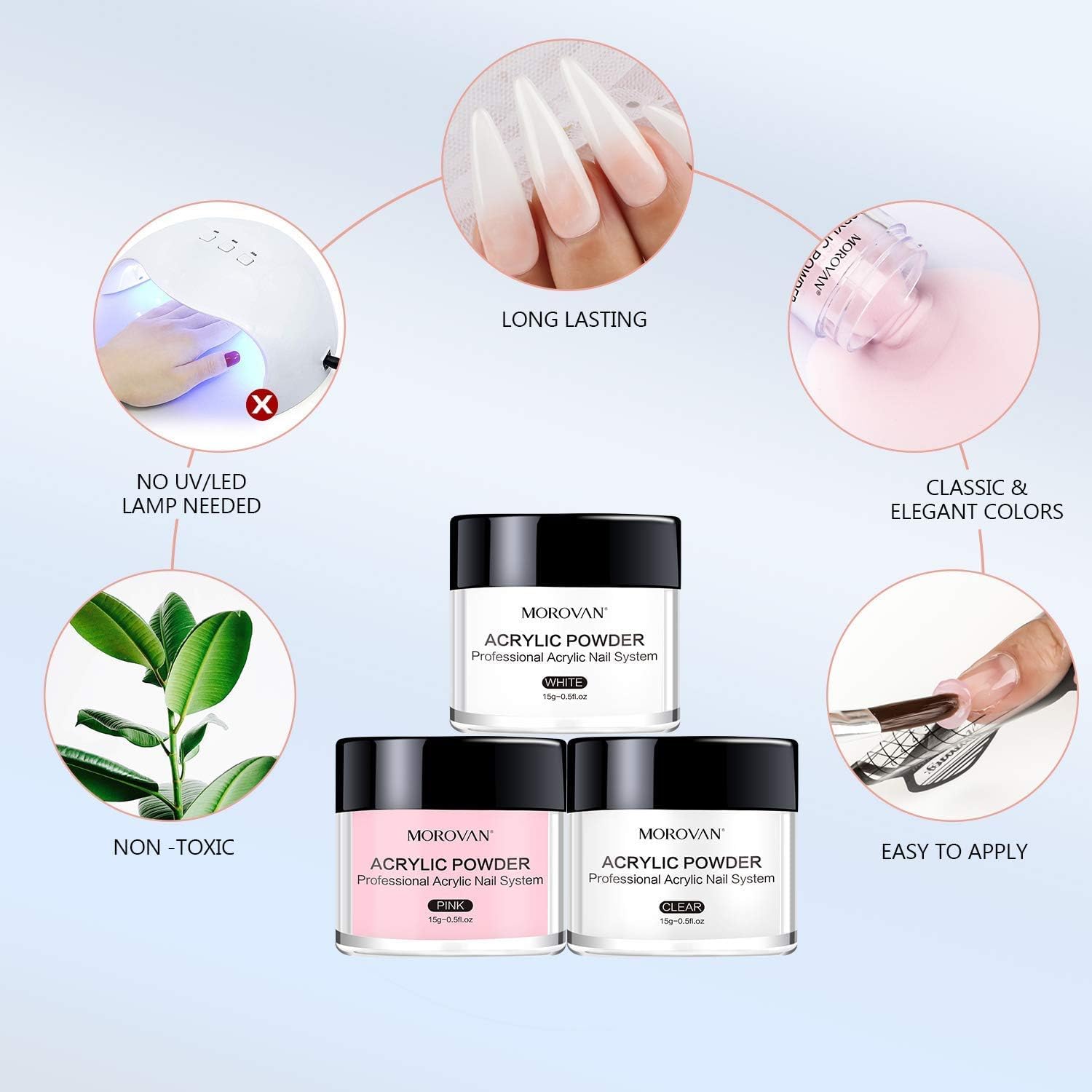Morovan nail kit components including brushes and forms