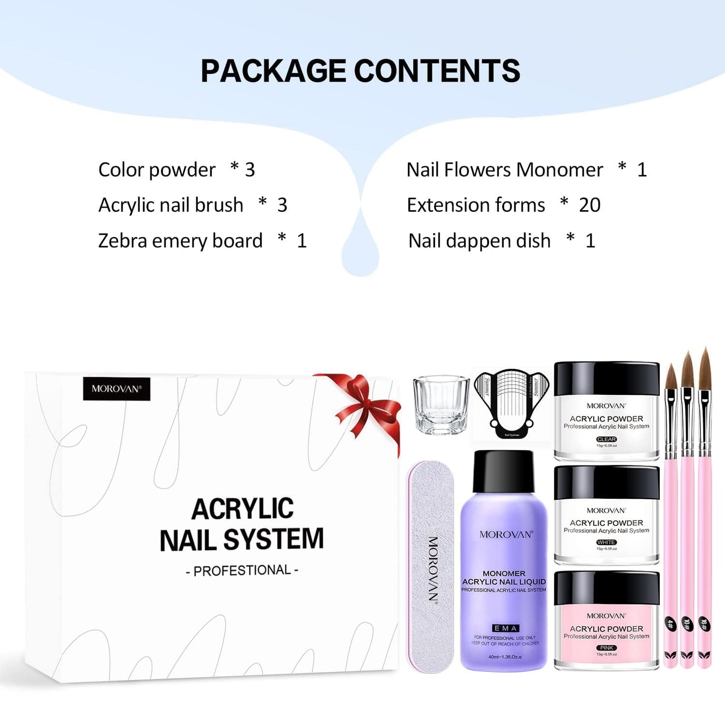 Packaging display of the authentic Morovan acrylic nail kit