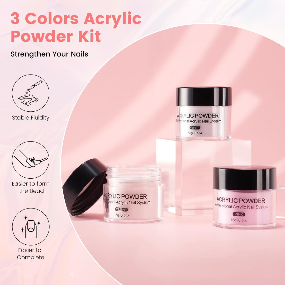 Acrylic powders and liquid monomer bottles