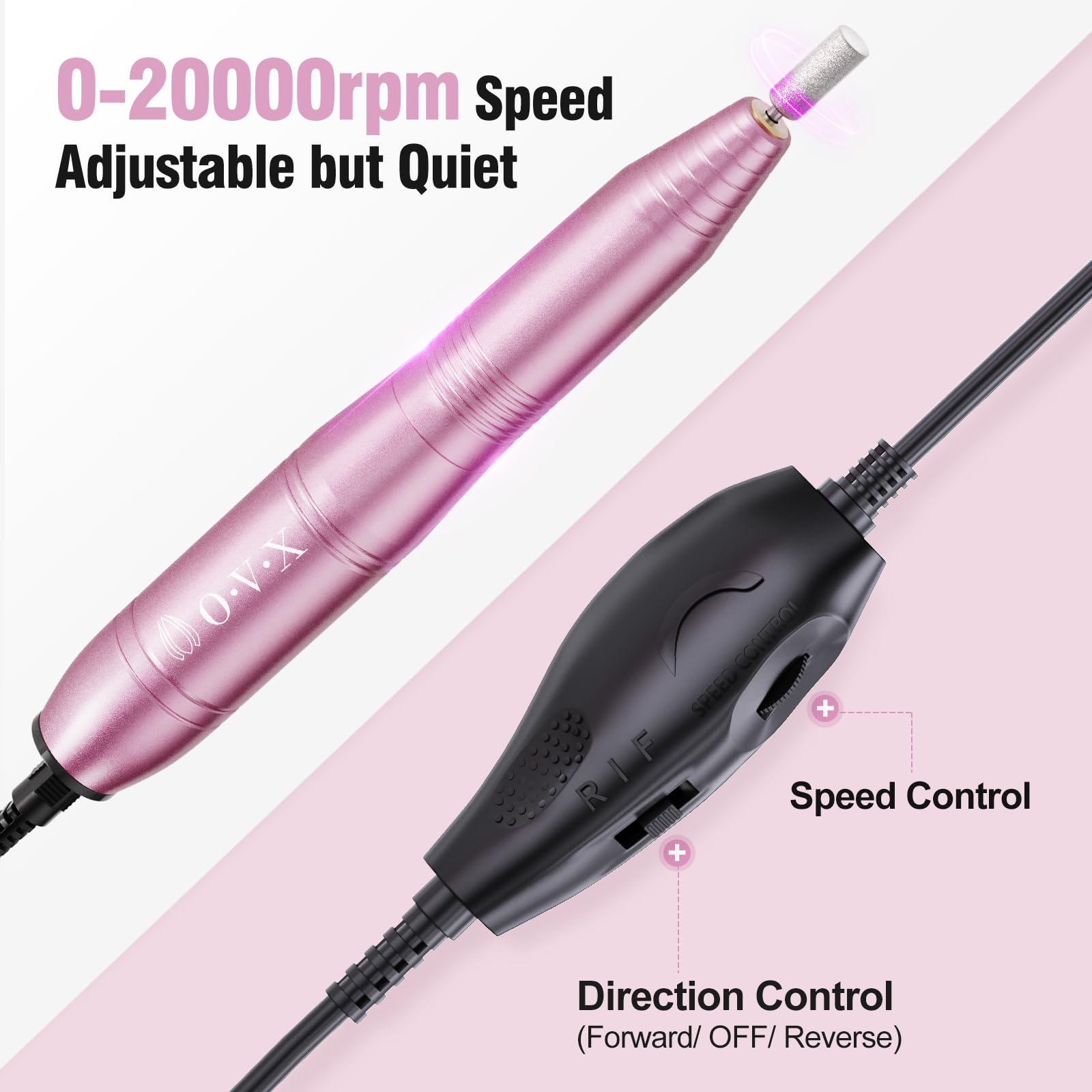 Close up of Ovx portable nail drill speed control button
