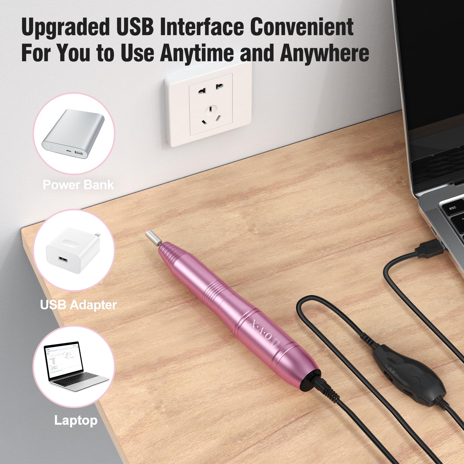 Portable USB powered nail drill tool for home salon use